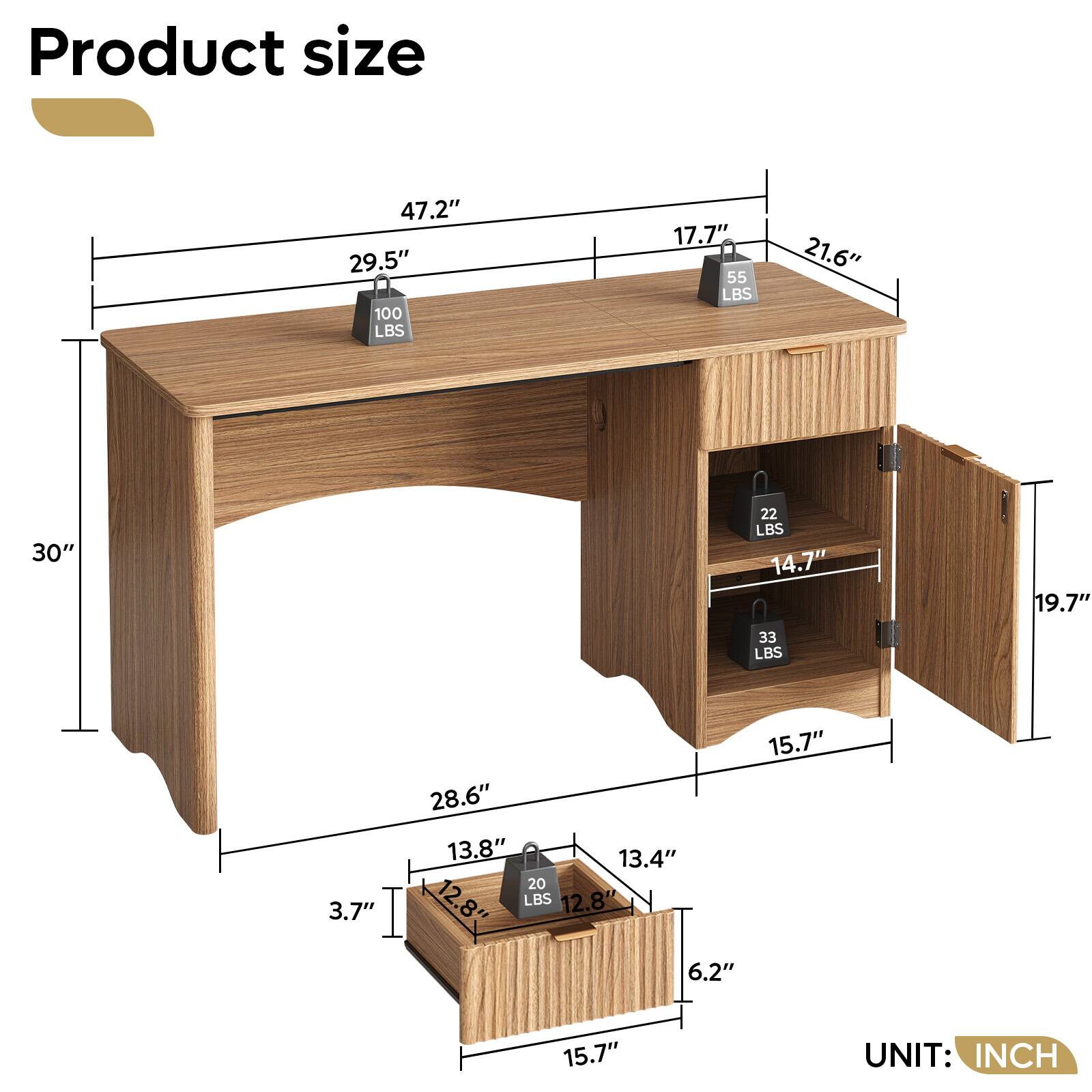 Product size

47.2" x 29.5" x 30"  
17.7" x 21.6" x 14.7"  
19.7" x 15.7" x 13.8"  
13.4" x 12.8" x 6.2"  
3.7" x 12.8" x 28.6"  

Weight capacity:  
100 LBS  
55 LBS  
22 LBS  
33 LBS  
20 LBS  

UNIT: INCH
