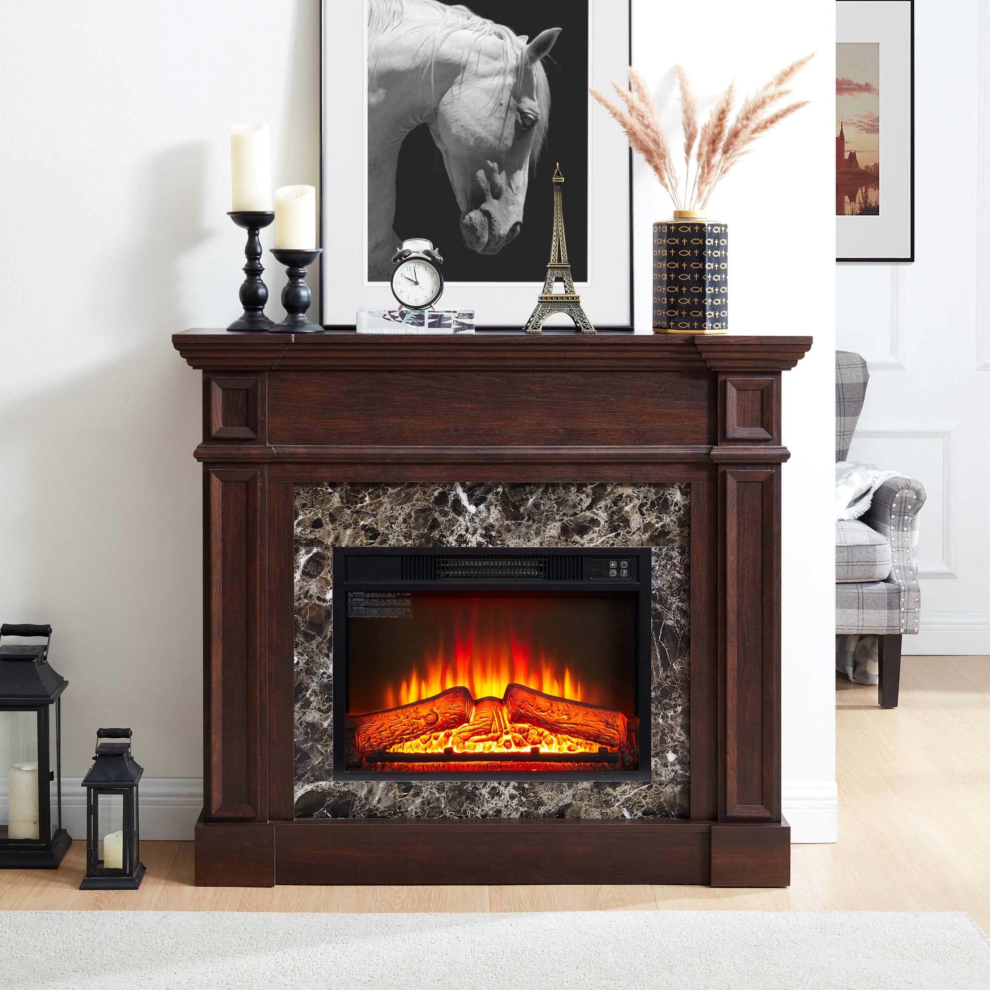 Angle. Tiramisubest - Freestanding Electric Fireplace Heater with Mantel,Realistic Stacked Stone in Cherry,Remote Control,Timer & LED Flame - Cherry.