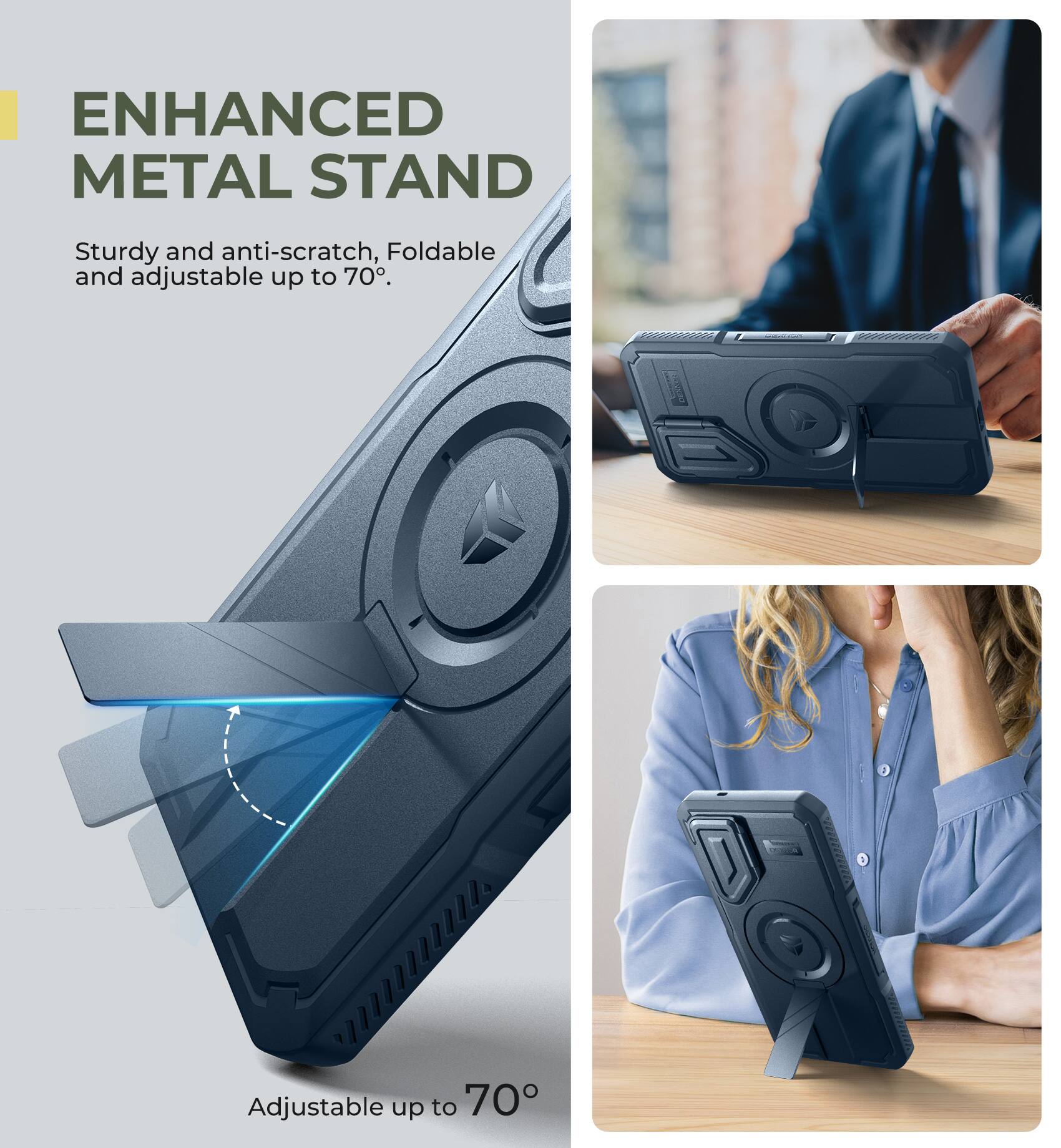 ENHANCED METAL STAND, Sturdy and anti-scratch, Foldable and adjustable up to 70°, Adjustable up to 70°