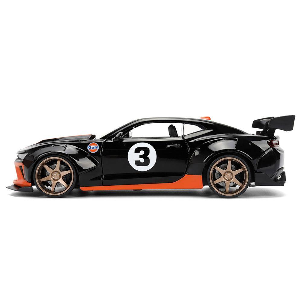 Left. Jada - 2016 Chevrolet Camaro #3 "Gulf Oil" Black with Orange Stripe "Wide Body" Series 1/24 - Black with Orange Stripe.