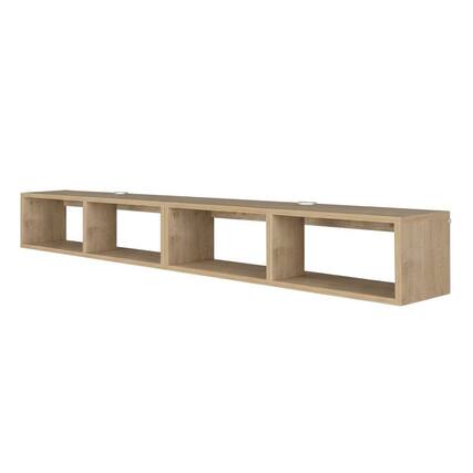 Front. FurniFact - Oak floating TV shelf, modern wall-mounted design, sleek entertainment setup - Beige.