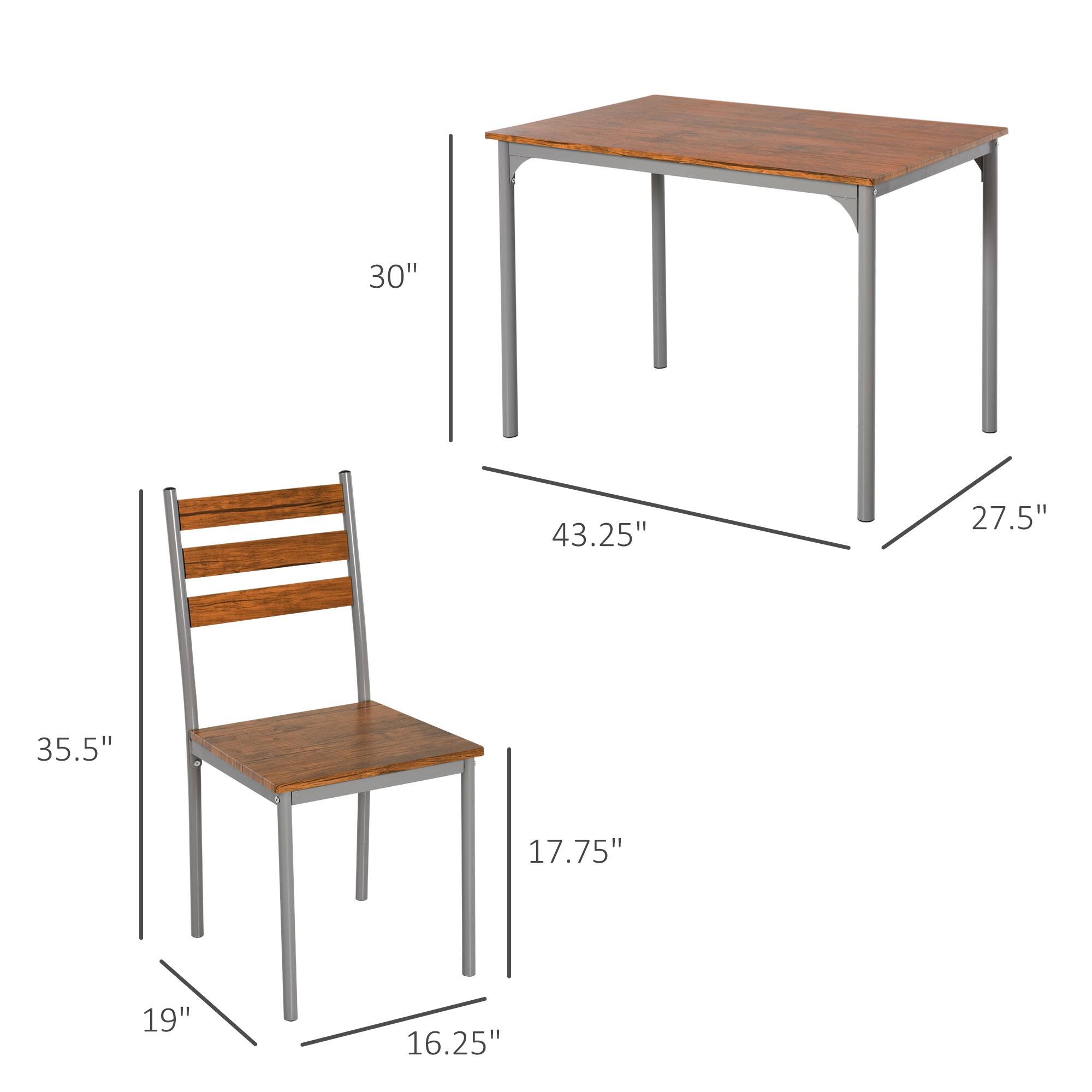 - Table:
  - Width: 43.25"
  - Depth: 27.5"
  - Height: 30"

- Chair:
  - Height: 35.5"
  - Seat Height: 17.75"
  - Width: 19"
  - Depth: 16.25"