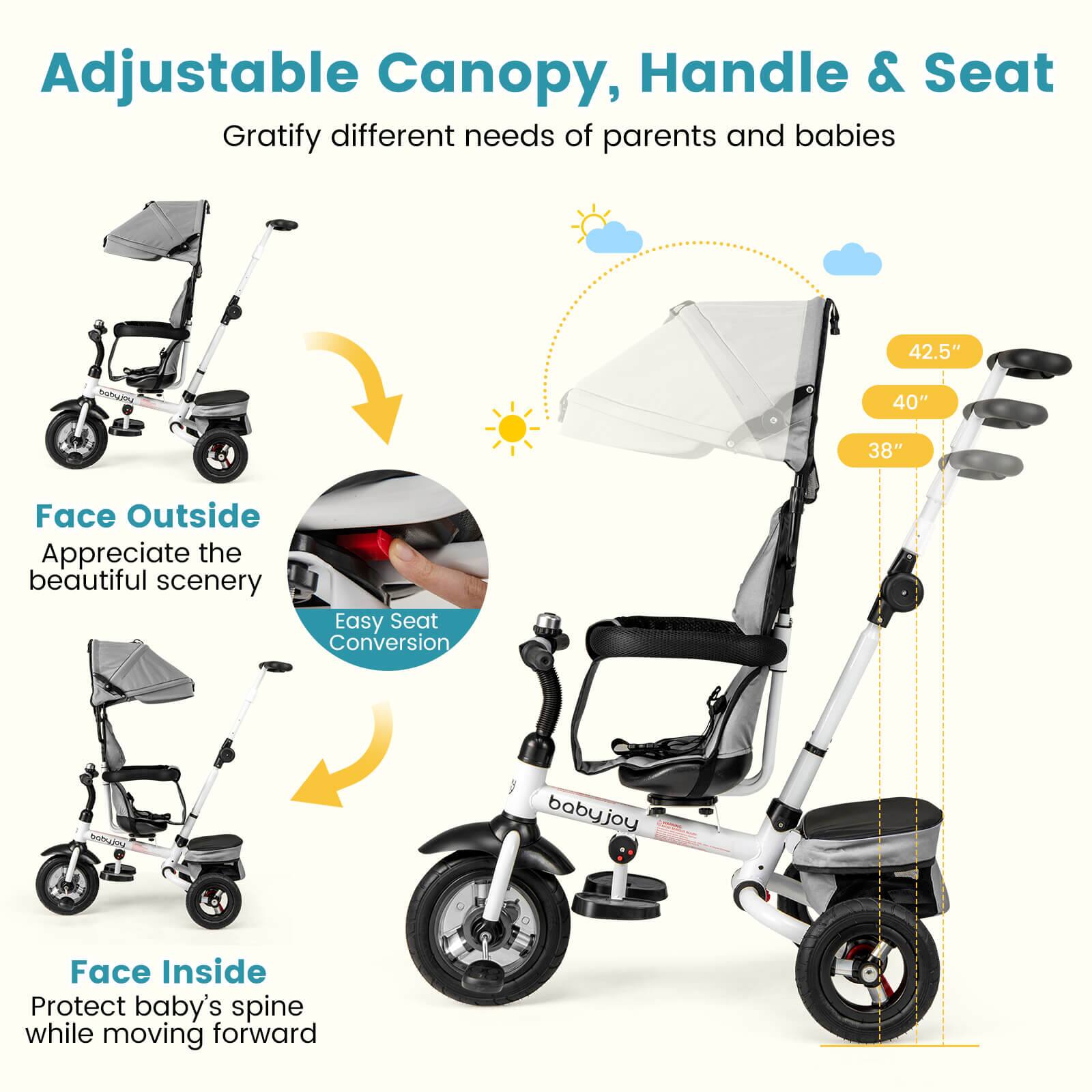 Adjustable Canopy, Handle & Seat  
Gratify different needs of parents and babies  

Face Outside  
Appreciate the beautiful scenery  

Face Inside  
Protect baby's spine while moving forward  

Easy Seat Conversion  

42.5"  
40"  
38"