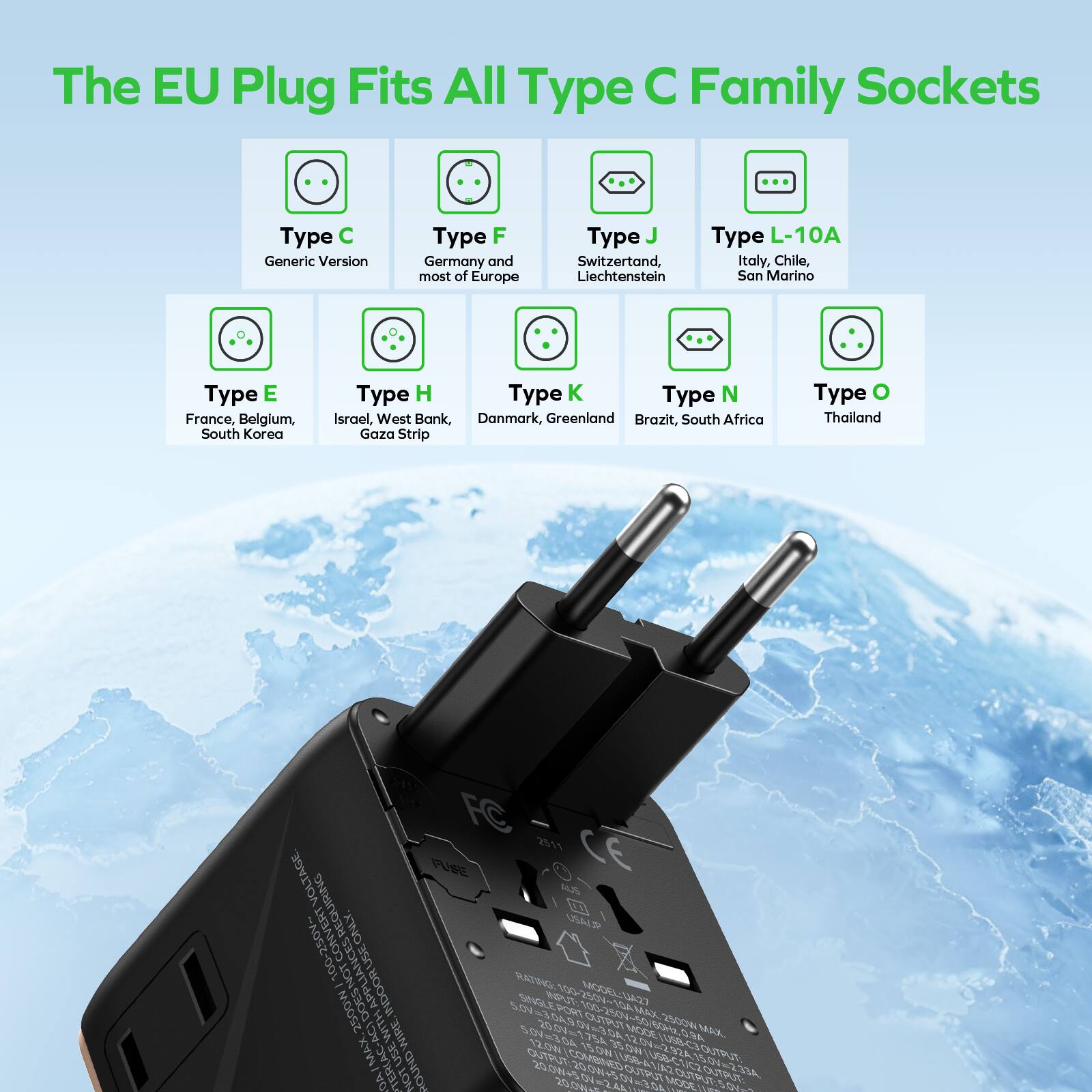 The EU Plug Fits All Type C Family Sockets

- Type C: Generic Version
- Type F: Germany and most of Europe
- Type J: Switzerland, Liechtenstein
- Type L-10A: Italy, Chile, San Marino
- Type E: France, Belgium, South Korea
- Type H: Israel, West Bank, Gaza Strip
- Type K: Denmark, Greenland
- Type N: Brazil, South Africa
- Type O: Thailand

FC 2511 CE VOLTAGE P AUS REQUIRING ONLY A 100-250V- NOT KASTA - I DOES APPL INDOOR 2 MODEL:NADO 252 R +50S009A 2500 WIRE 5ON3 NCZA MASCK.. MAX 1.O2 13L  R UN8-A ROUND AOGNCO MRETOLITE CL cTCzaAuT XIA AO. 2000 MCCE