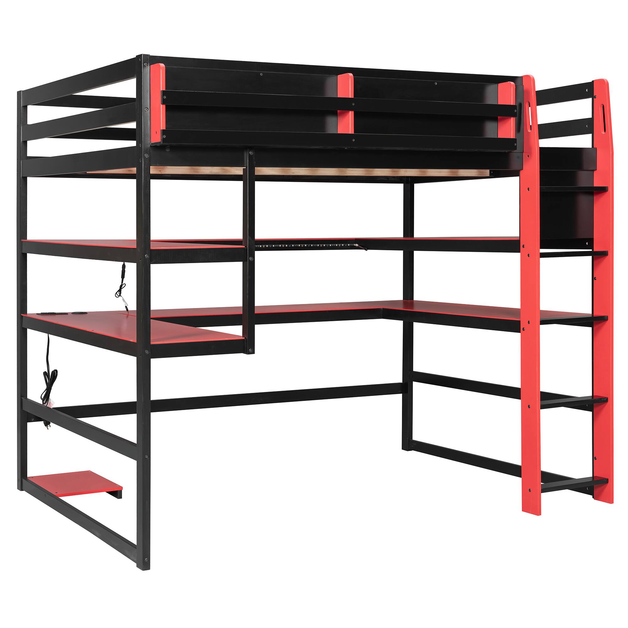 Back. Anysun - Full Size Wood Loft Bed with Desk,Side storage rack,Multi-storage Shelves and RGB Light - Red.