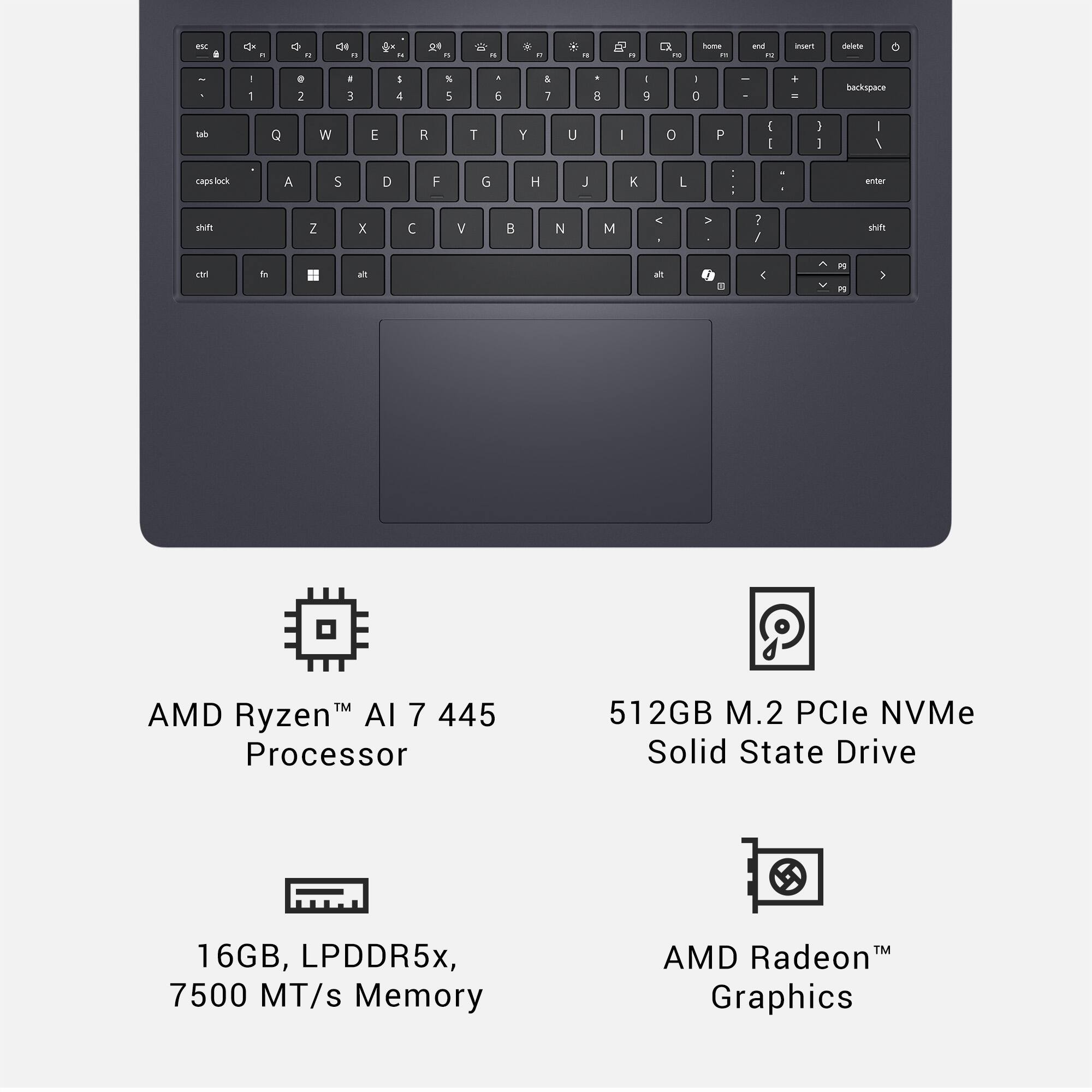 AMD Ryzen™ AI 7 445 Processor  
16GB, LPDDR5x, 7500 MT/s Memory  
512GB M.2 PCIe NVMe Solid State Drive  
AMD Radeon™ Graphics