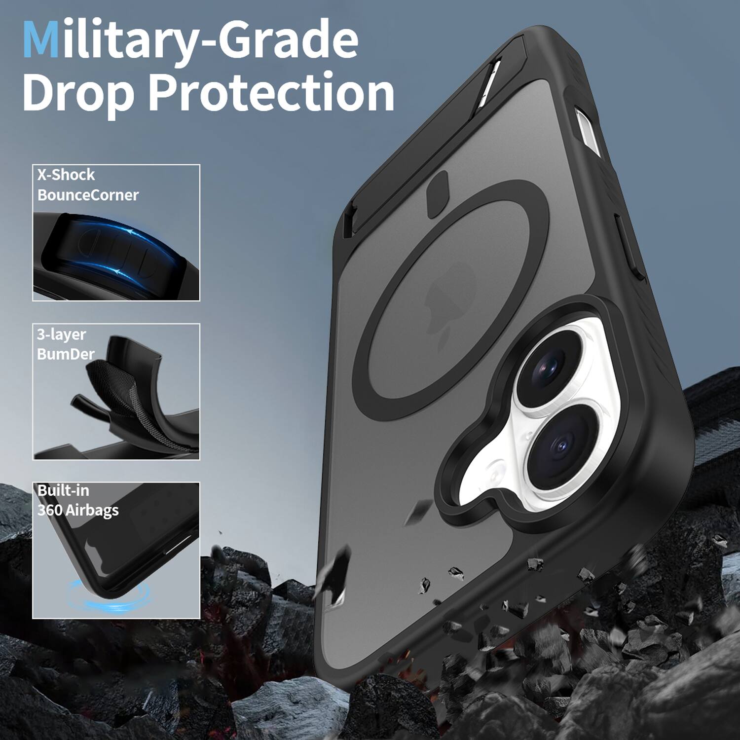 Military-Grade Drop Protection  
X-Shock BounceCorner  
3-layer BumDer  
Built-in 360 Airbags