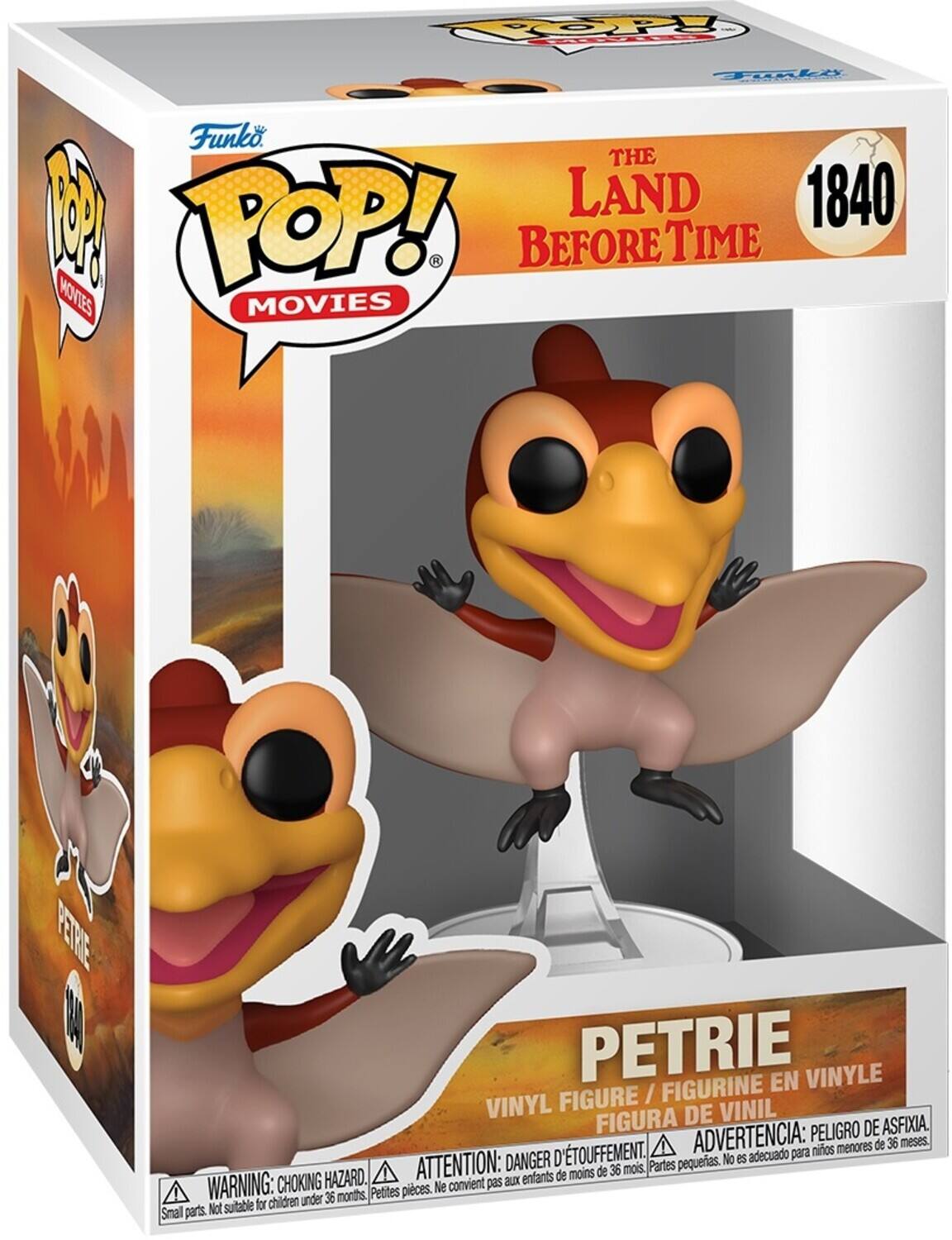 Sure, here is the corrected and grouped text from the image:

---

**Funko POP! MOVIES**

**THE LAND BEFORE TIME**

**1840**

**PETRIE**

**VINYL FIGURE / FIGURINE EN VINYLE / FIGURA DE VINIL**

**WARNING: CHOKING HAZARD. Small parts. Not suitable for children under 36 months.**

**ATTENTION: DANGER D'ÉTOUFFEMENT. Petites pièces. Ne convient pas aux enfants de moins de 36 mois.**

**ADVERTENCIA: PELOJO DE ASFIXIA. Partes pequeñas. No es adecuado para niños menores de 36 meses.**

---

This text is organized to reflect the information on the packaging, including the brand, series, character, and safety warnings.