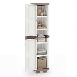Costway - Slim Storage Cabinet with Single Door, Plastic Kitchen Pantry with 4 Shelves - Brown and White