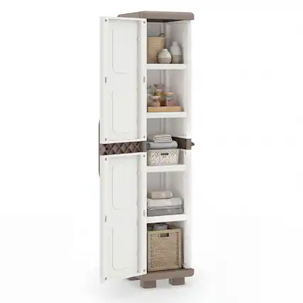 Front. Costway - Costway Slim Storage Cabinet with Single Door, Plastic Kitchen Pantry with 4 Shelves - Brown and White.