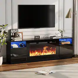 Acekool - 70" Fireplace TV Stand with 36" Electric Fireplace, 12 Color LED Lights, 1500W Heater, 2-Tier Storage & 2 Cabinets - Black