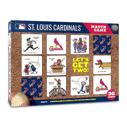 ST. LOUIS CARDINALS MATCH GAME
LET'S GET TWO!
- STEALING A BASE
- FLY BALL
- BATTER'S BOX
- ON DECK BATTER
- CLEAN UP HITTER
- FARM TEAM
- BALLPARK DOG
36 CARDS
AGES 3+ A MATCH GAME OF BASEBALL FUN FOR THE WHOLE FAMILY