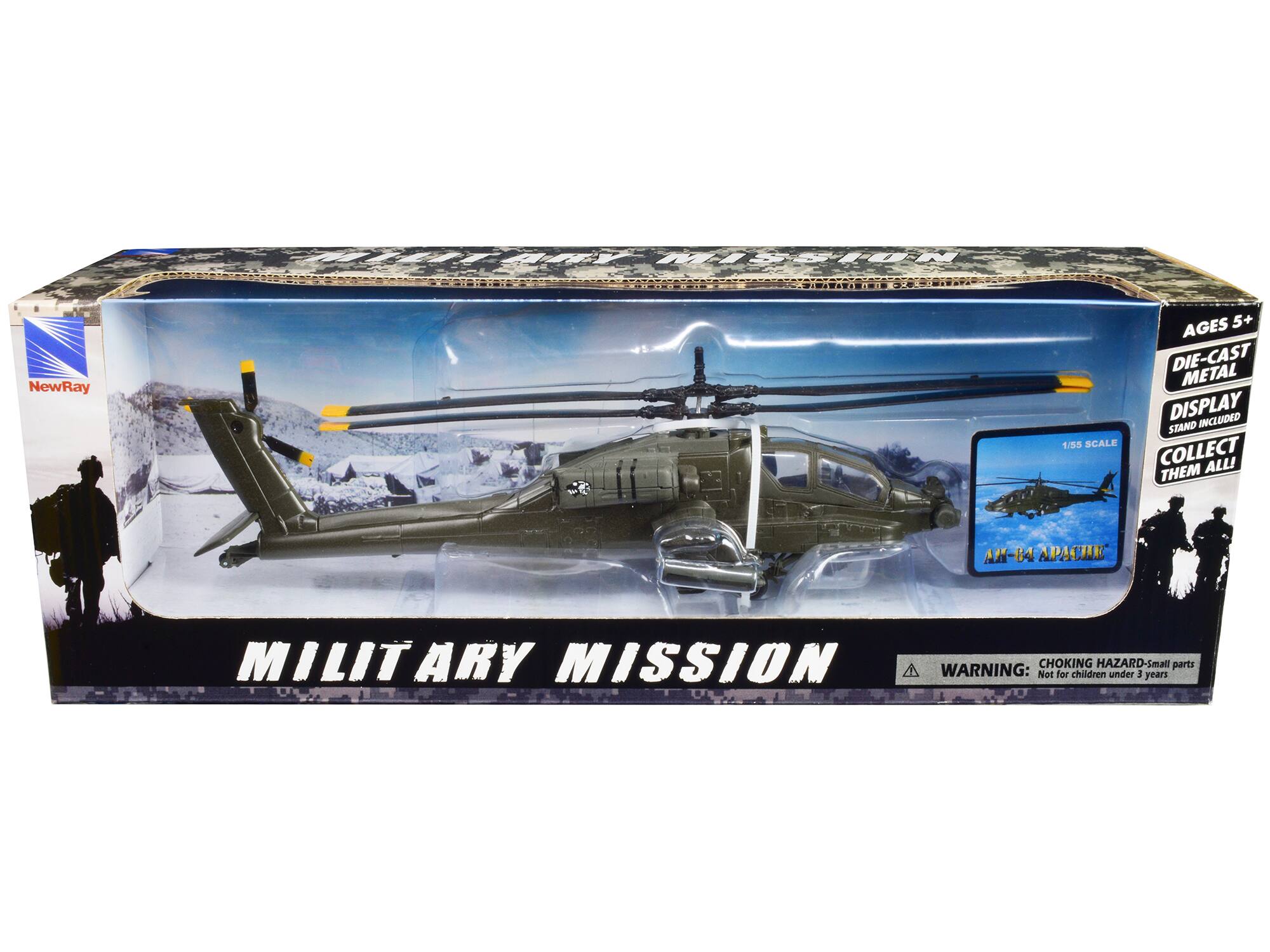 MILITARY MISSION  
NewRay S/55  
SCALE 1/55  
AGES 5+  
DIE-CAST METAL  
DISPLAY STAND INCLUDED  
COLLECT ALL!  
AH-64 APACHE  
WARNING: CHOKING HAZARD-Small parts Not for children under 3 years