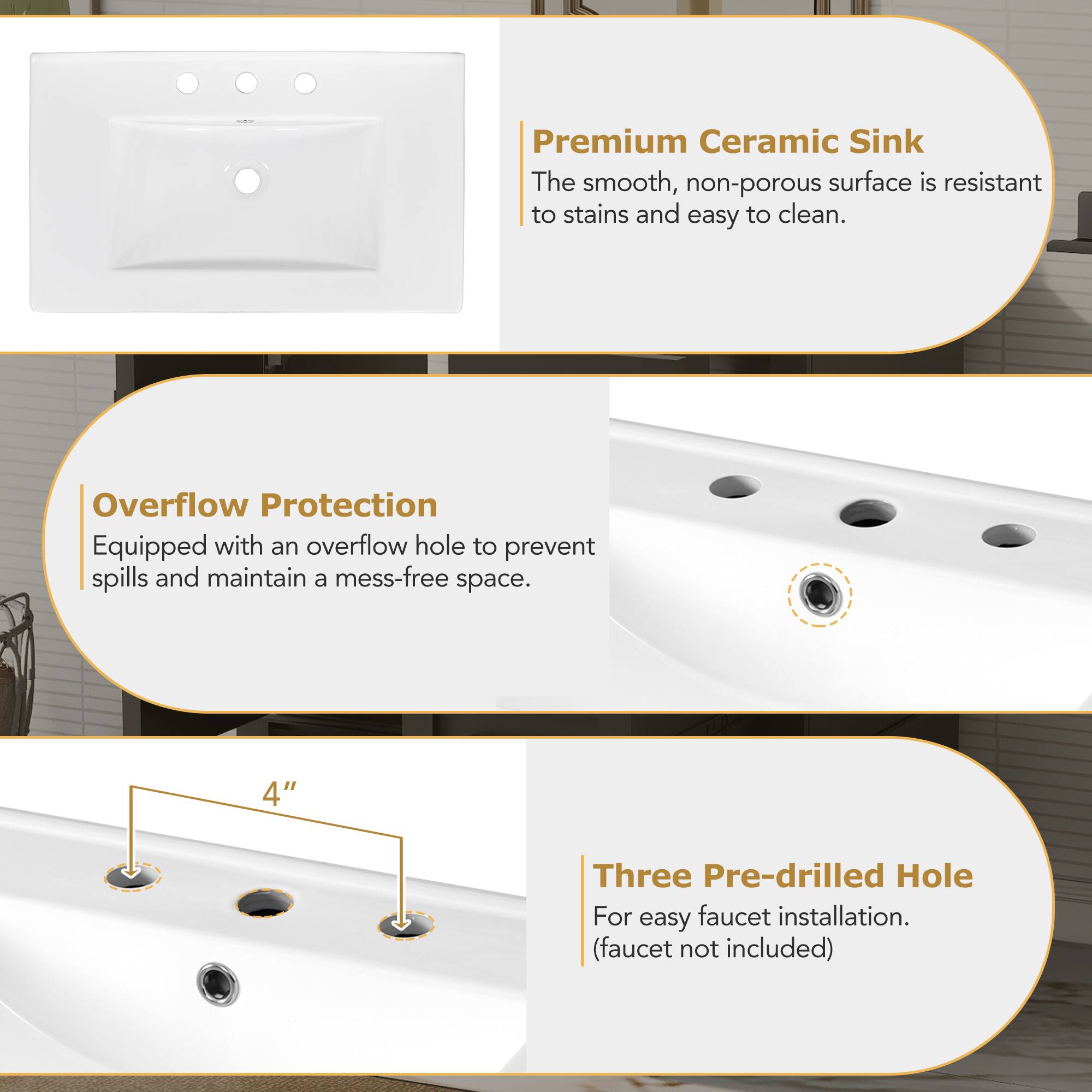 Premium Ceramic Sink  
The smooth, non-porous surface is resistant to stains and easy to clean.

Overflow Protection  
Equipped with an overflow hole to prevent spills and maintain a mess-free space.

Three Pre-drilled Hole  
For easy faucet installation. (faucet not included)