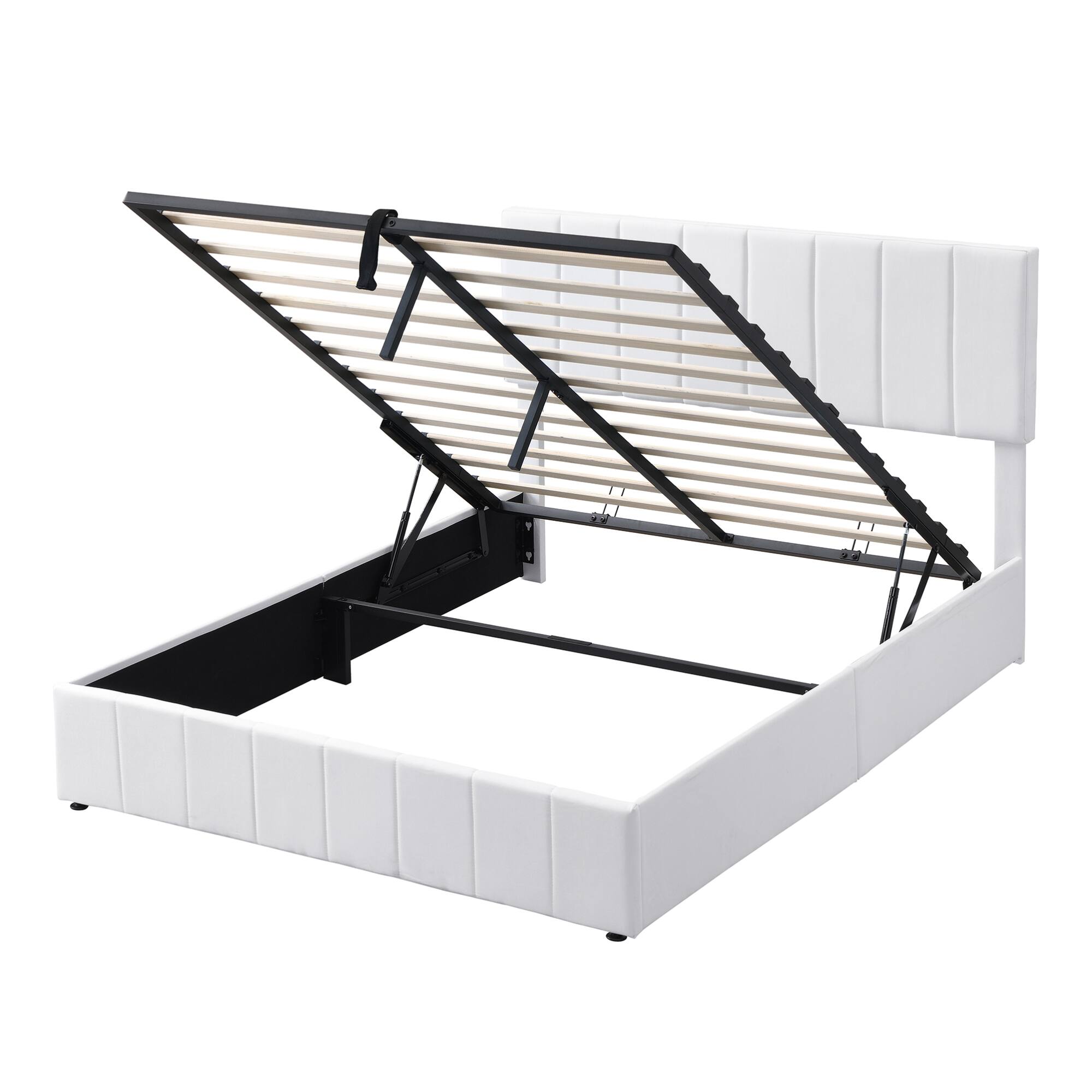 Alt View 1. GOODSILO - Queen Size Upholstered Platform Bed with Hydraulic Storage System - White.