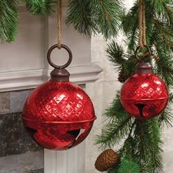 Angle. BreeBe - Distressed Metallic Red Diamond Pattern Jingle Bell 5" - Red.