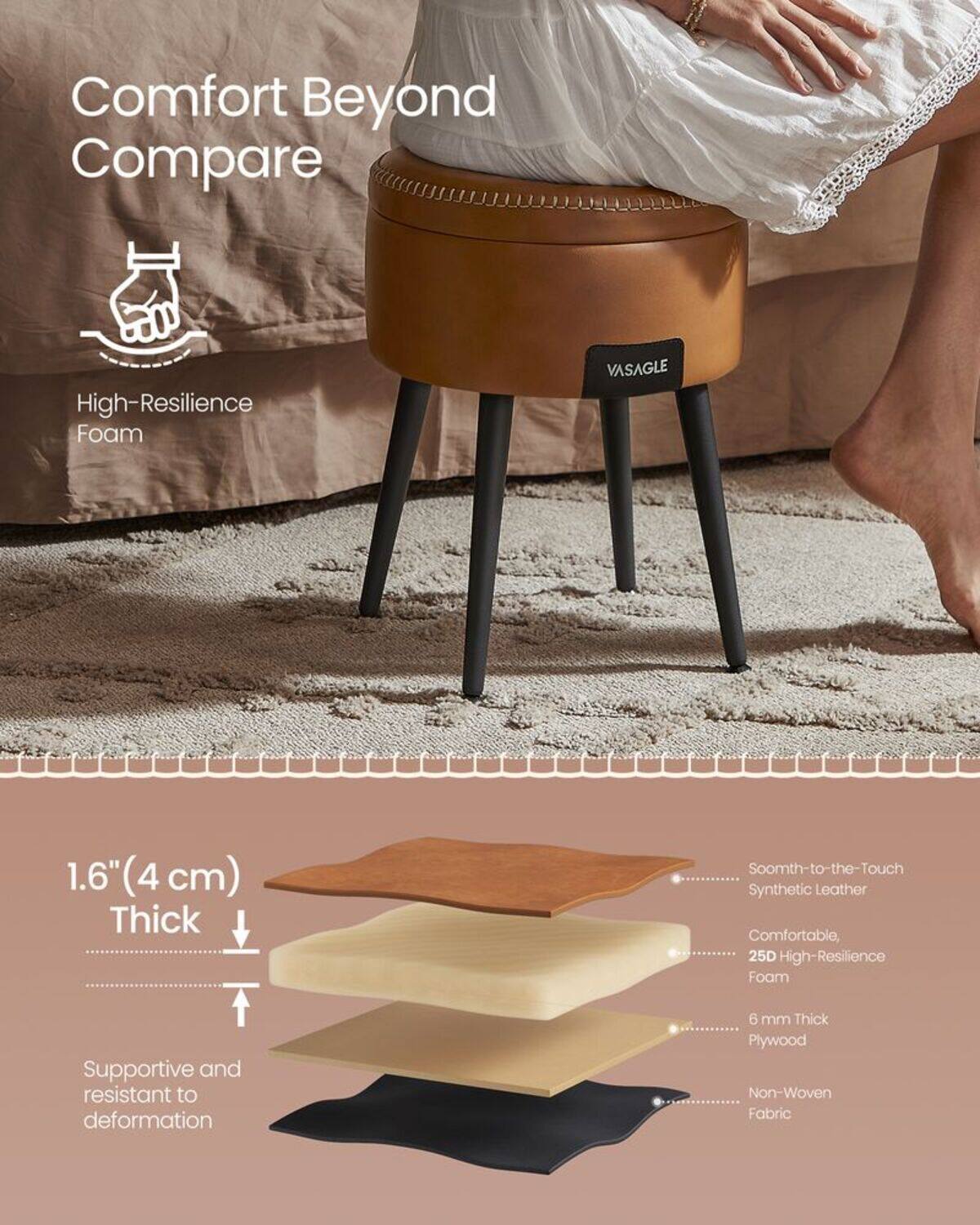 Comfort Beyond Compare

High-Resilience Foam

1.6" (4 cm) Thick

Supportive and resistant to deformation

Smooth-to-the-Touch Synthetic Leather

Comfortable, 25D High-Resilience Foam

6 mm Thick Plywood

Non-Woven Fabric