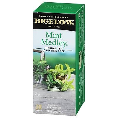 FAMILY TEA BLENDERS  
BIGELOW  
SINCE 1945  

Mint Medley  
HERBAL TEA  
CAFFEINE FREE  

28 TEA BAGS  
NET WT 1.22 OZ (34g)  

REMOVE FOR DISPENSING USE