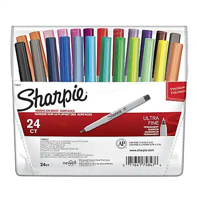 Sure, here is the corrected and grouped text from the image:
---
**Sharpie**
**MARKS ON MOST SURFACES**
**MARQUE SUR LA PLUPART DES SURFACES**
**24 CT ULTRA FINE PERMANENT MARKER**
**24 CT MARQUEUR PERMANENT ULTRA FIN**
**PRECISION**
**PRÉCISION**
**APPROVED FOR USE ON PAPER, PLASTIC, METAL, GLASS, AND WOOD**
**APPROUVÉ POUR L'UTILISATION SUR PAPIER, PLASTIQUE, MÉTAL, VERRE ET BOIS**
**www.sharpie.com**
**24c**
**newell**
**75847**
**071641**
**6**
---
This text is grouped and corrected based on the information visible in the image.