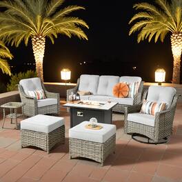 Ovios - 7 PCS Patio Furniture Set 3 Seat Sofa with Swivel Chair Side Table & 42" Fire Pit Table - Gray