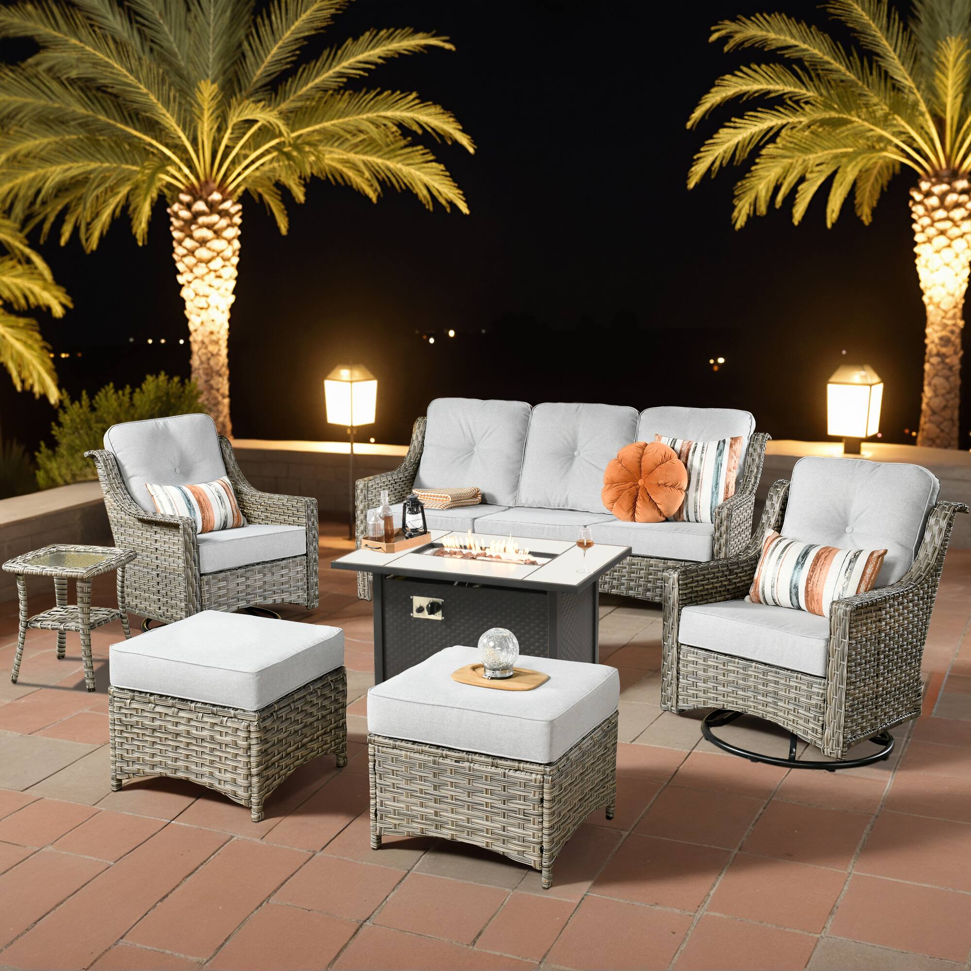 Front. Ovios - 7 PCS Patio Furniture Set 3 Seat Sofa with Swivel Chair Side Table & 42" Fire Pit Table - Gray.