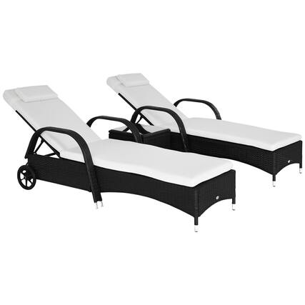 Front. Outsunny - Wicker Outdoor Chaise Lounge Chair Set of 3 with Side Table, 5-Level Adjustable Backrest PE Rattan Pool Lounge Chair - Black, Cream White.