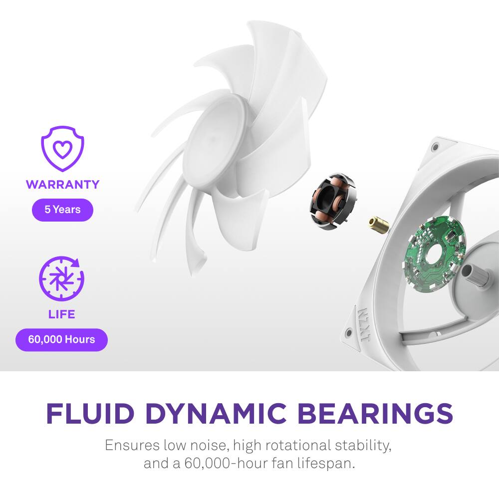 Warranty: 5 Years
Life: 60,000 Hours
NZXT Fluid Dynamic Bearings: Ensures low noise, high rotational stability, and a 60,000-hour fan lifespan.