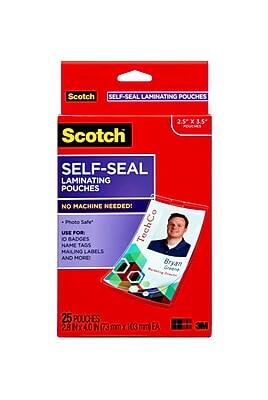 Scotch Self-Seal Laminating Pouches
2.5" x 3.5"
No Machine Needed!
Photo Safe
Use for: ID Badges, Name Tags, Mailing Labels, and More
25 Pouches
28 mm x 40 mm (73 mm x 103 mm EA)
3M