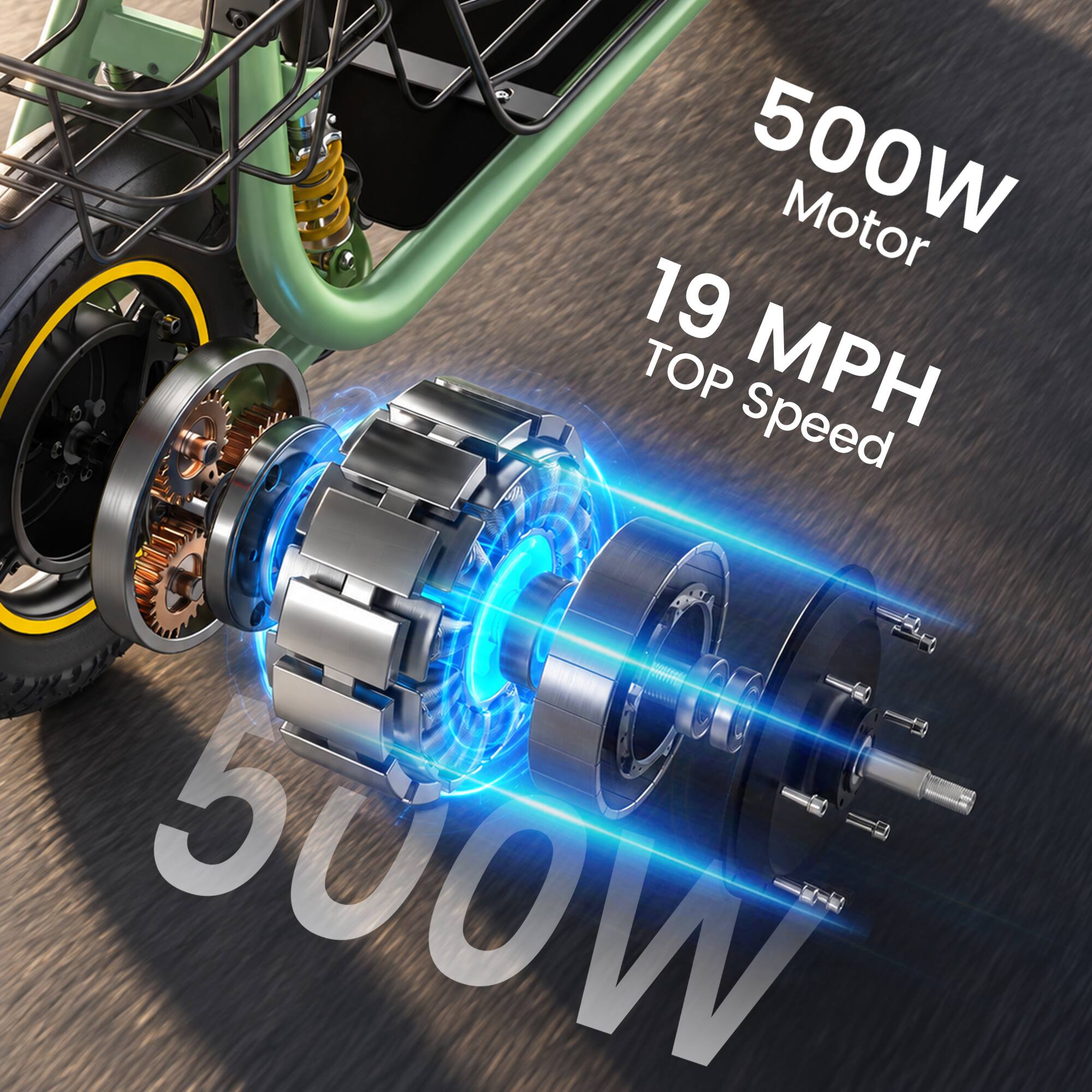 500W Motor  
19 MPH TOP Speed  
500W