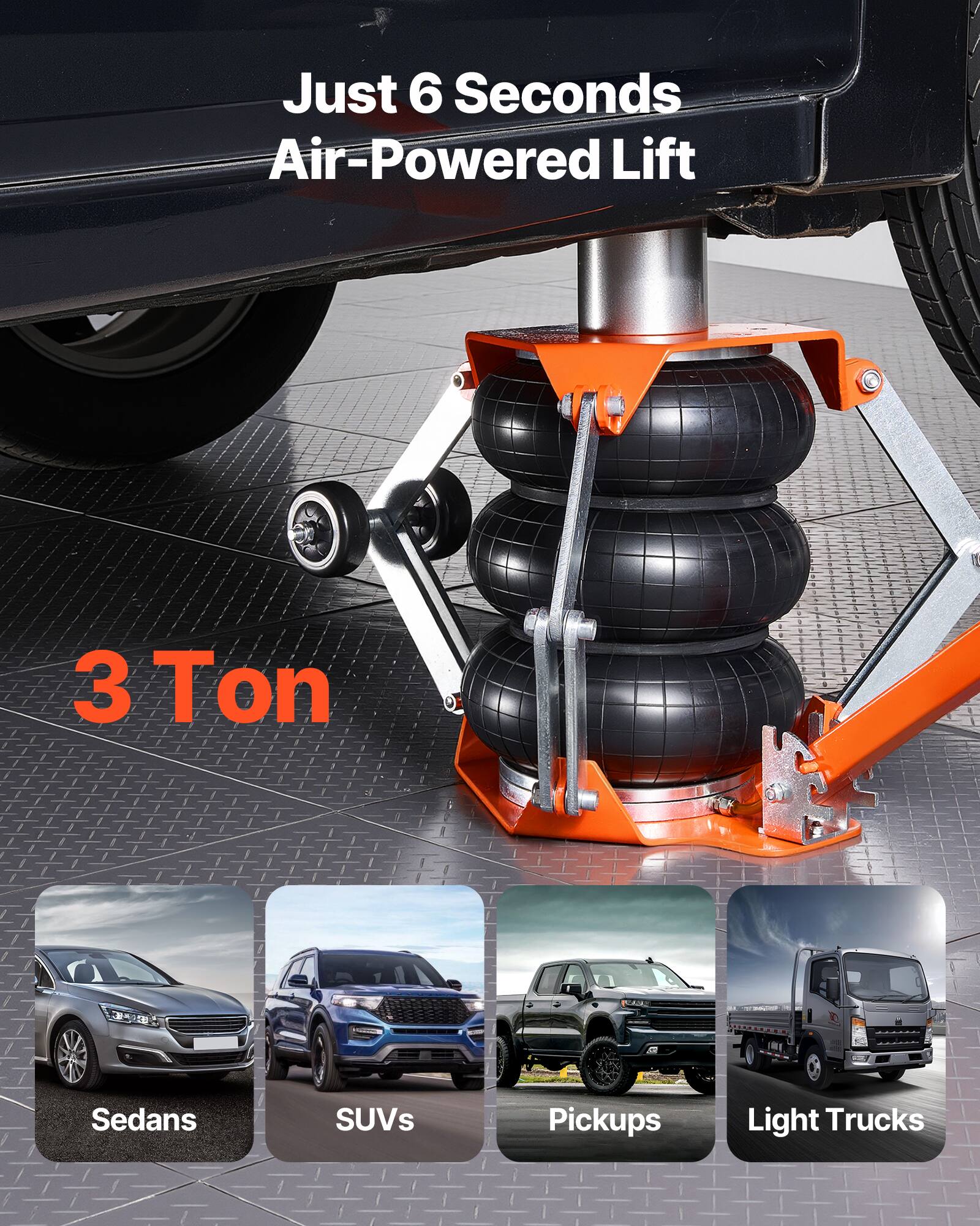 Just 6 Seconds Air-Powered Lift  
3 Ton  
Sedans  
SUVs  
Pickups  
Light Trucks