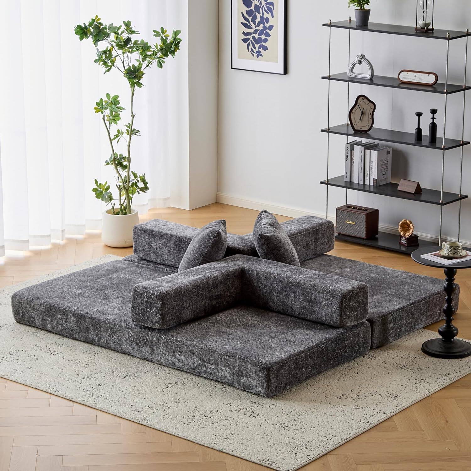 Alt View 6. Trinkets Crazed - Convertible Floor Sofa Bed with Fixed-Shape Frame, Chenille Boneless Sofa Folding Mattress Couch with Armrest - dark gray.