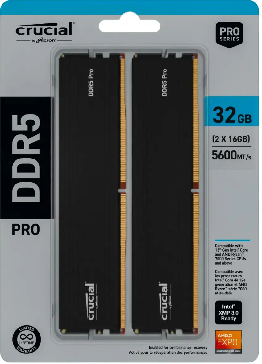 Crucial by Micron PRO SERIES DDR5 PRO LIMITED LIFETIME WARRANTY Pro DDR5 32 GB (2 X 16GB) 5600MT/s Compatible with 12th Gen Intel Core and AMD Ryzen 7000 Series CPUs and above Compatible avec les processeurs Intel Core de 12e gnration et AMD Ryzen srie 7000 et au-del Crucial XMP Ready Intel 3.0 AMD2 EXPO Enabled for performance recovery SE nER POL Activ pour la rcupration des performances.