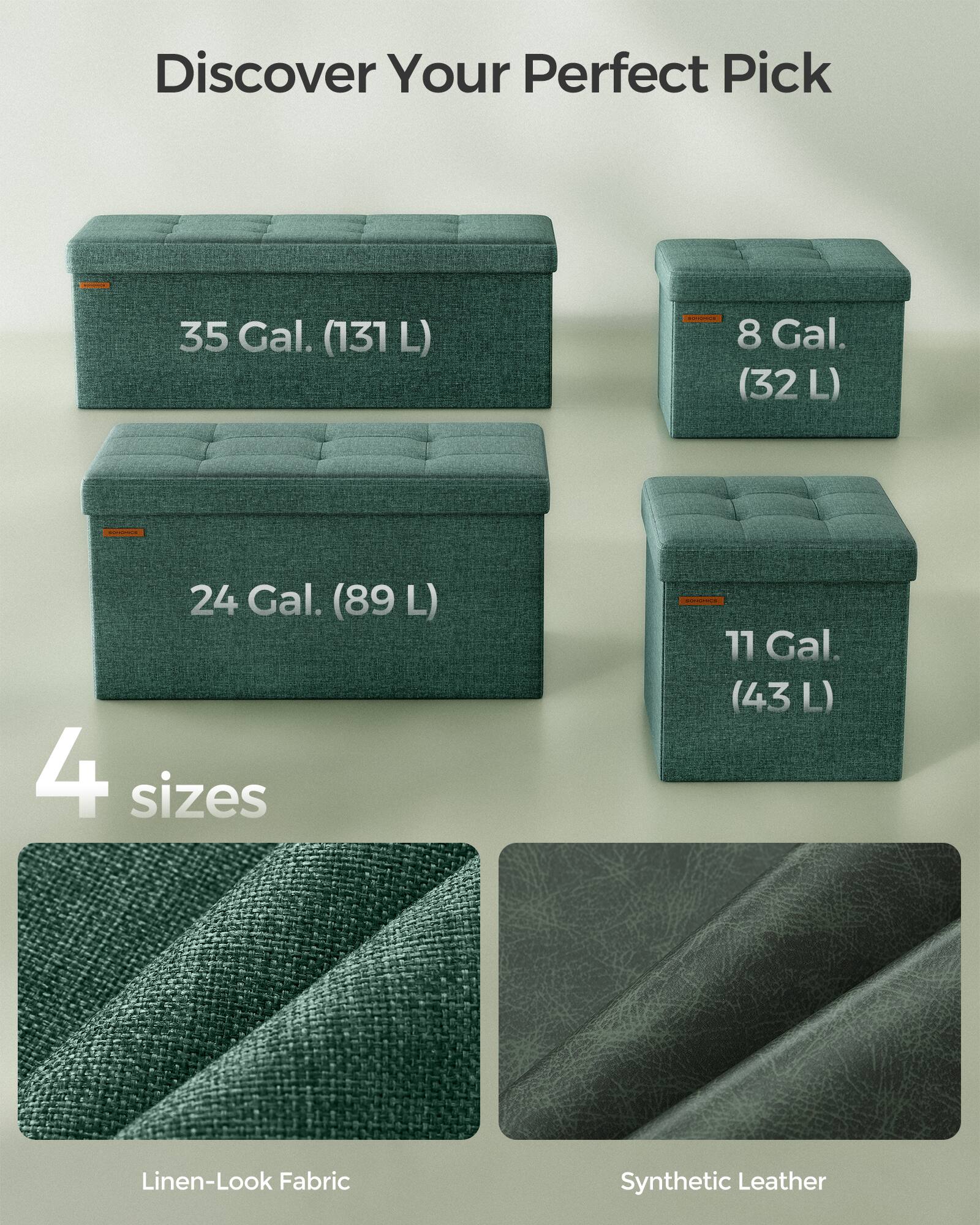 Discover Your Perfect Pick

35 Gal. (131 L)

8 Gal. (32 L)

24 Gal. (89 L)

11 Gal. (43 L)

4 sizes

Linen-Look Fabric

Synthetic Leather