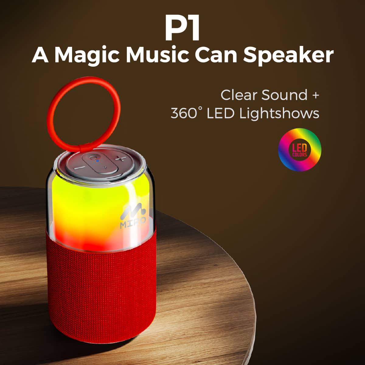 P1 A Magic Music Can Speaker Clear Sound + 360° LED Lightshows LED COLORS MIRO