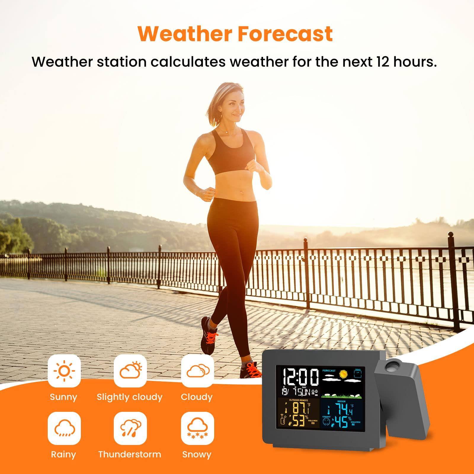 Weather Forecast  
Weather station calculates weather for the next 12 hours.

Sunny  
Slightly cloudy  
Cloudy  
Rainy  
Thunderstorm  
Snowy  

12:00  
19°C / 75°F  
87%  
74°F  
53%  
45%