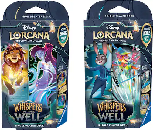 SINGLE-PLAYER DECK
Disney LORCANA
TRADING CARD GAME
INCLUDES BONUS BOOSTER PACK!
2 CARDS INSIDE
WHISPERS IN THE WELL
SINGLE-PLAYER DECK
Ravensburger
SINGLE-PLAYER DECK
Disney LORCANA
TRADING CARD GAME
INCLUDES BONUS BOOSTER PACK!
2 CARDS INSIDE
WHISPERS IN THE WELL
SINGLE-PLAYER DECK
Ravensburger