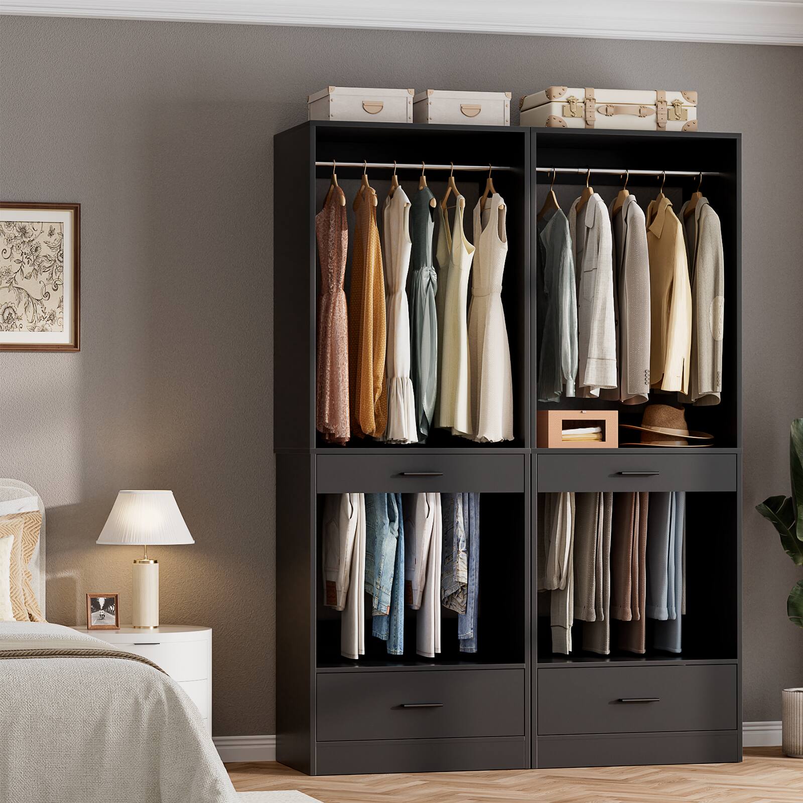 Left. Aheaplus - Walk-in Hanging Closet System, 23.6'' Wide Closet Organizer with 2 Hanging Rods, Pant Rack, and Drawer - Black.