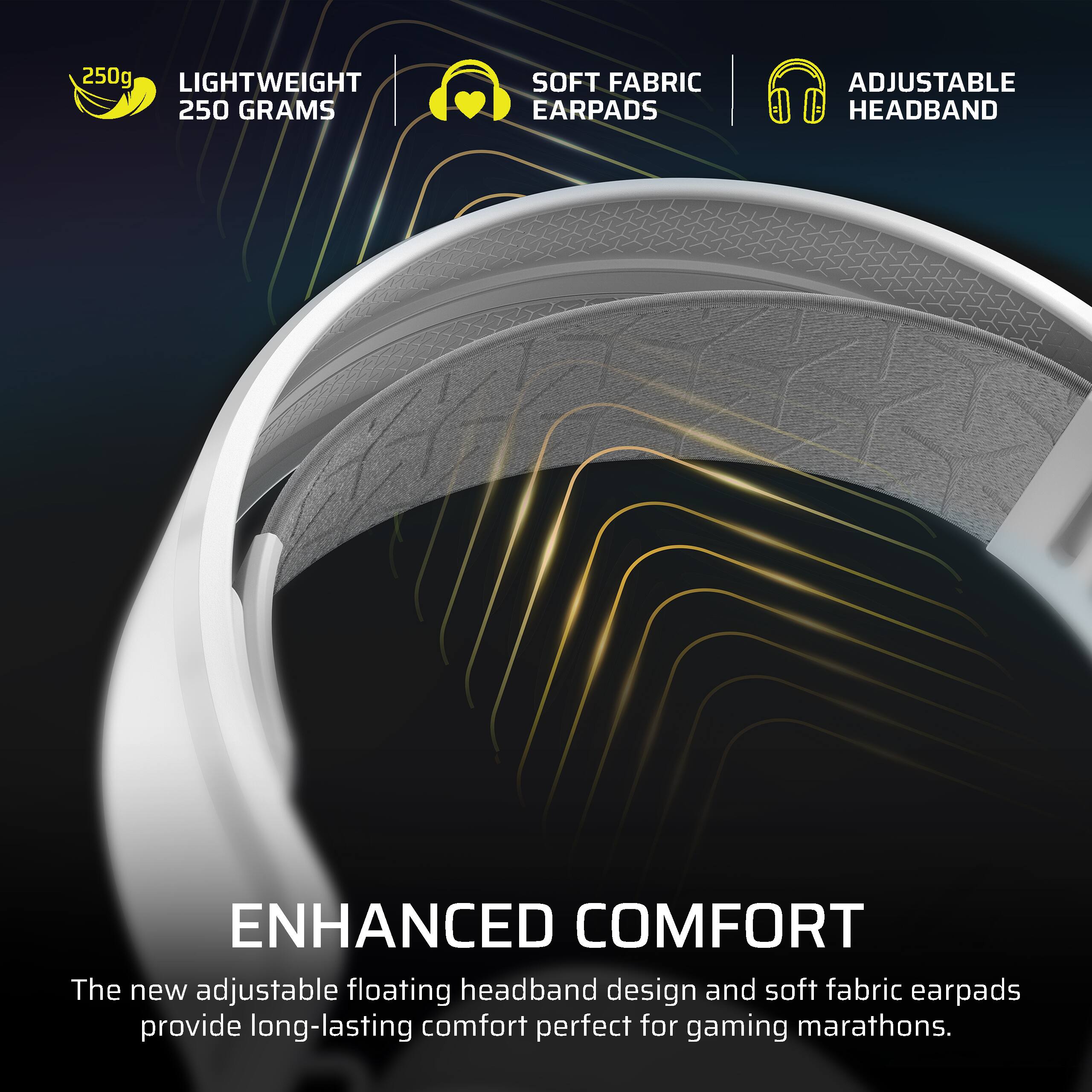 250g LIGHTWEIGHT 250 GRAMS SOFT FABRIC EARPADS ADJUSTABLE HEADBAND ENHANCED COMFORT

The new adjustable floating headband design and soft fabric earpads provide long-lasting comfort perfect for gaming marathons.