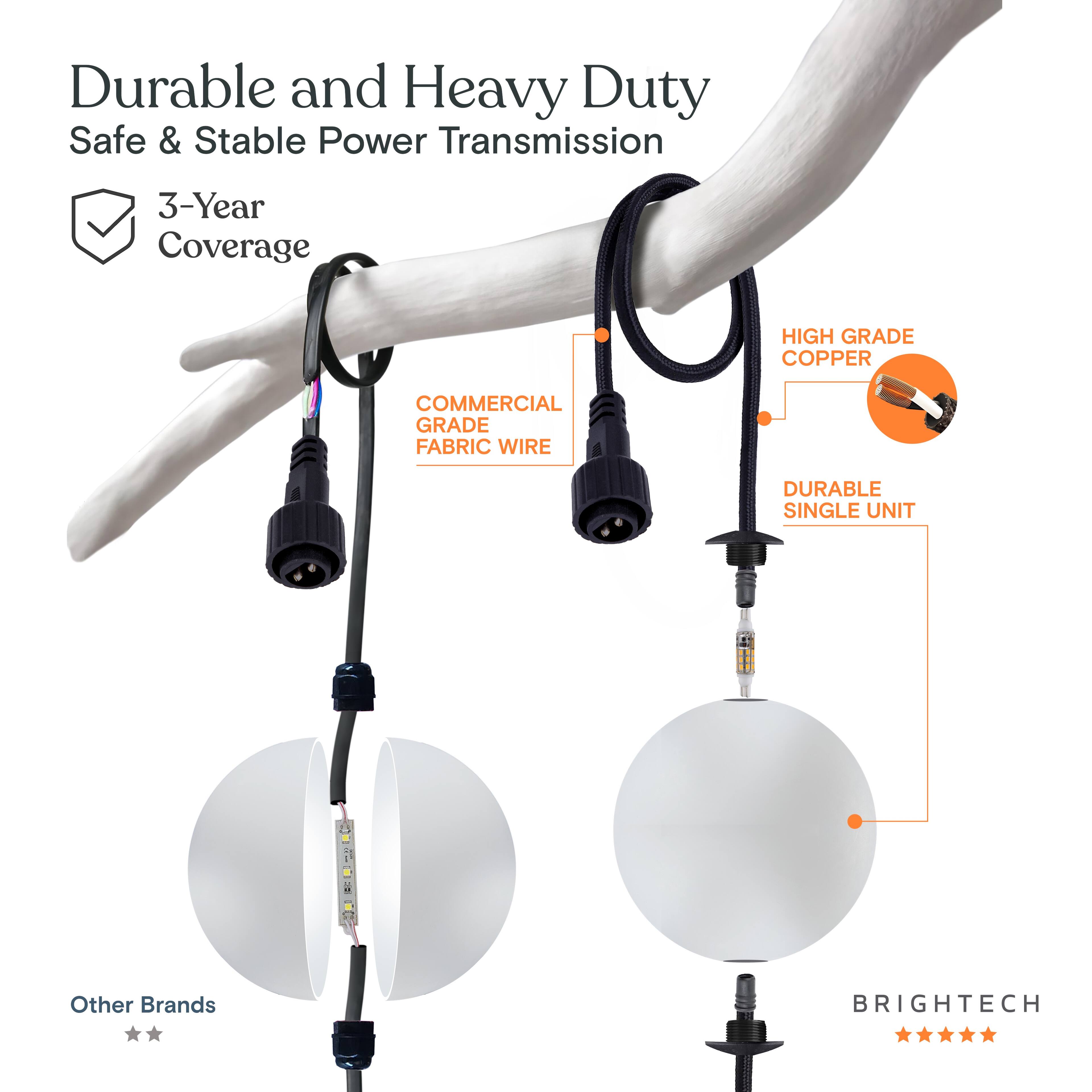 Durable and Heavy Duty  
Safe & Stable Power Transmission  
3-Year Coverage  

HIGH GRADE COPPER  
COMMERCIAL GRADE FABRIC WIRE  
DURABLE SINGLE UNIT  

Other Brands  
BRIGHTTECH