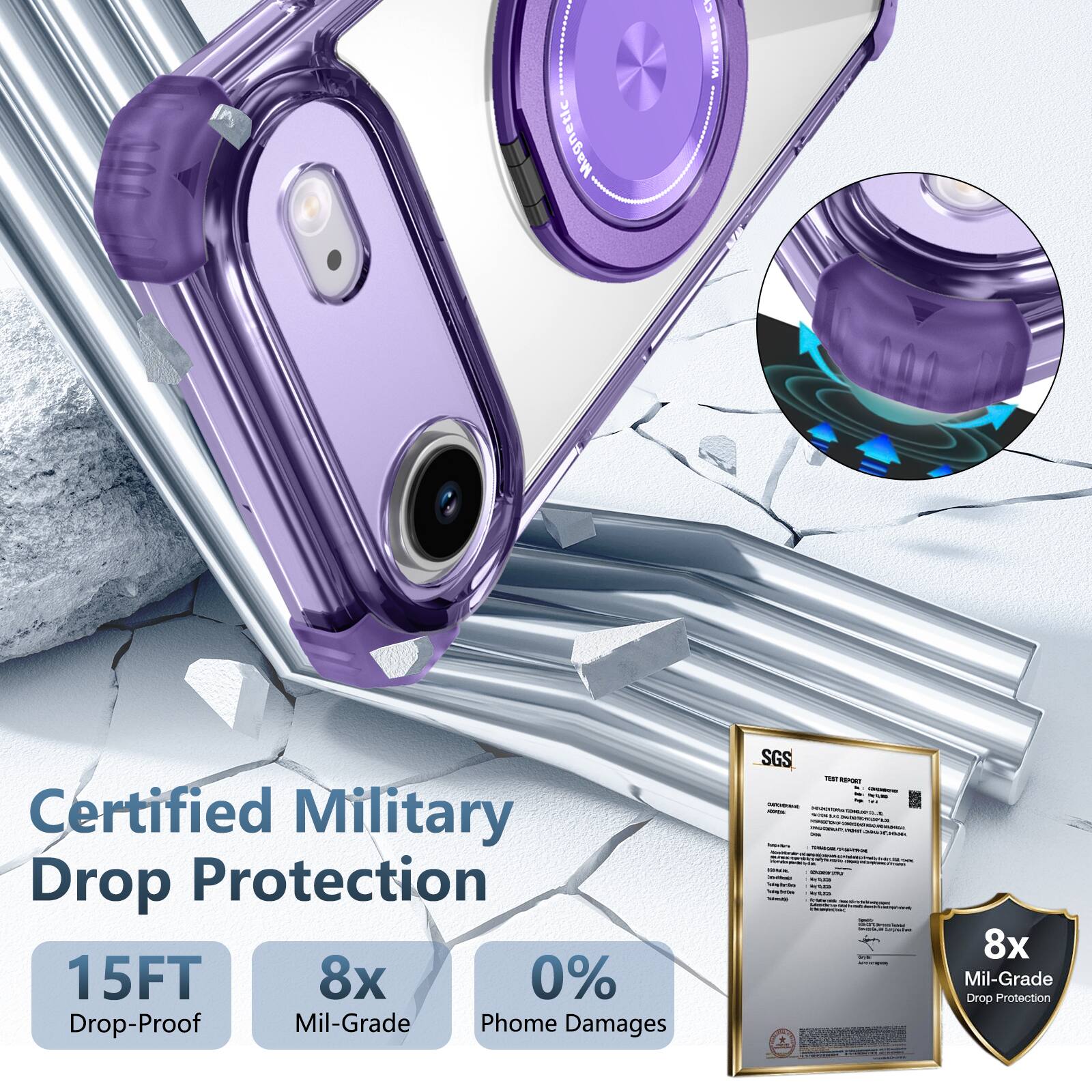 Magnetic D Wireless | Certified Military Drop Protection 15FT 8x 0% Drop-Proof Mil-Grade Phone Damages SGS FeeT - 8x Mil-Grade Drop Protection