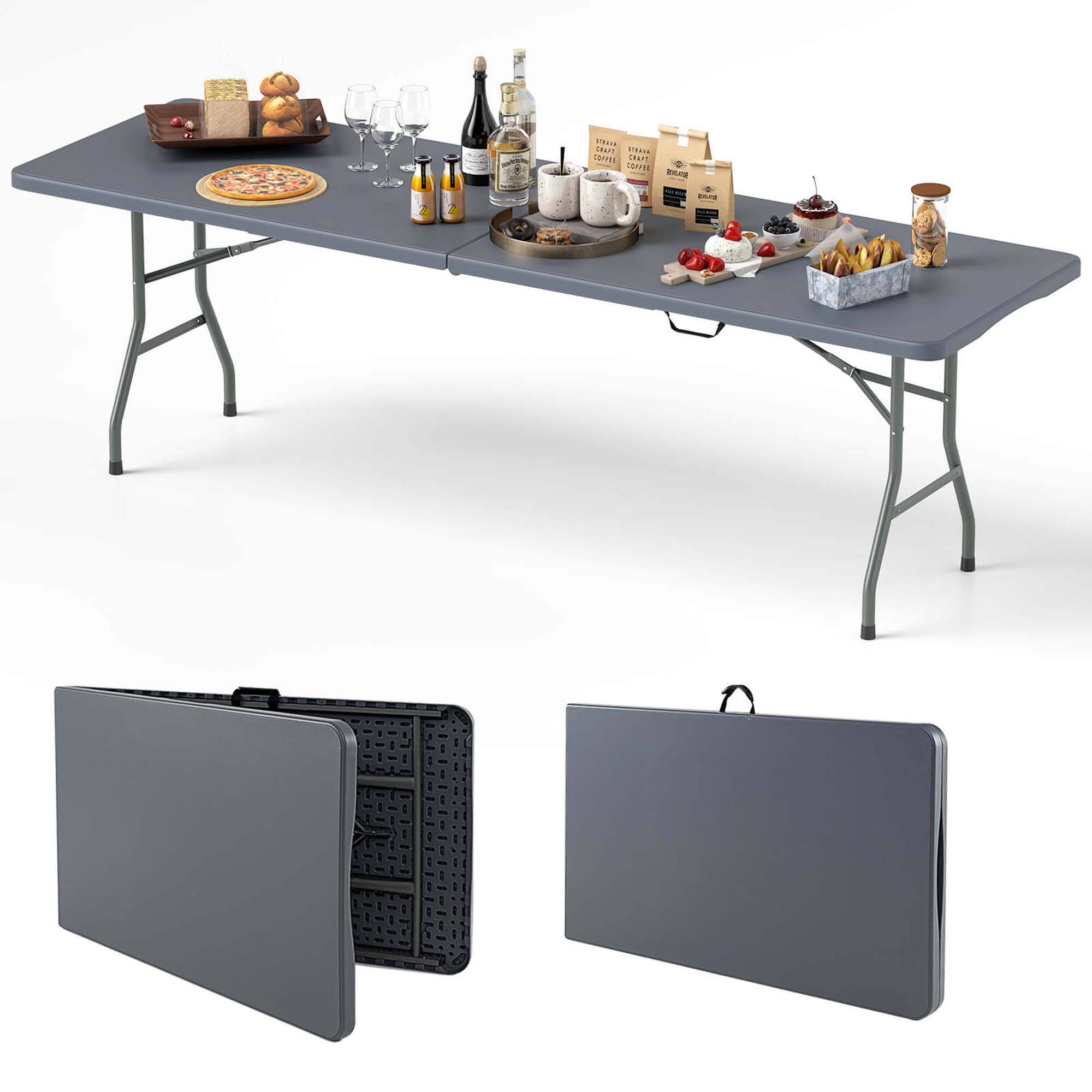 Costway - 8 ft Portable Folding Table with HDPE Tabletop Safe Lock Mechanism Carrying Handle - Gray