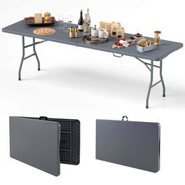 Costway - 8 ft Portable Folding Table with HDPE Tabletop Safe Lock Mechanism Carrying Handle - Gray