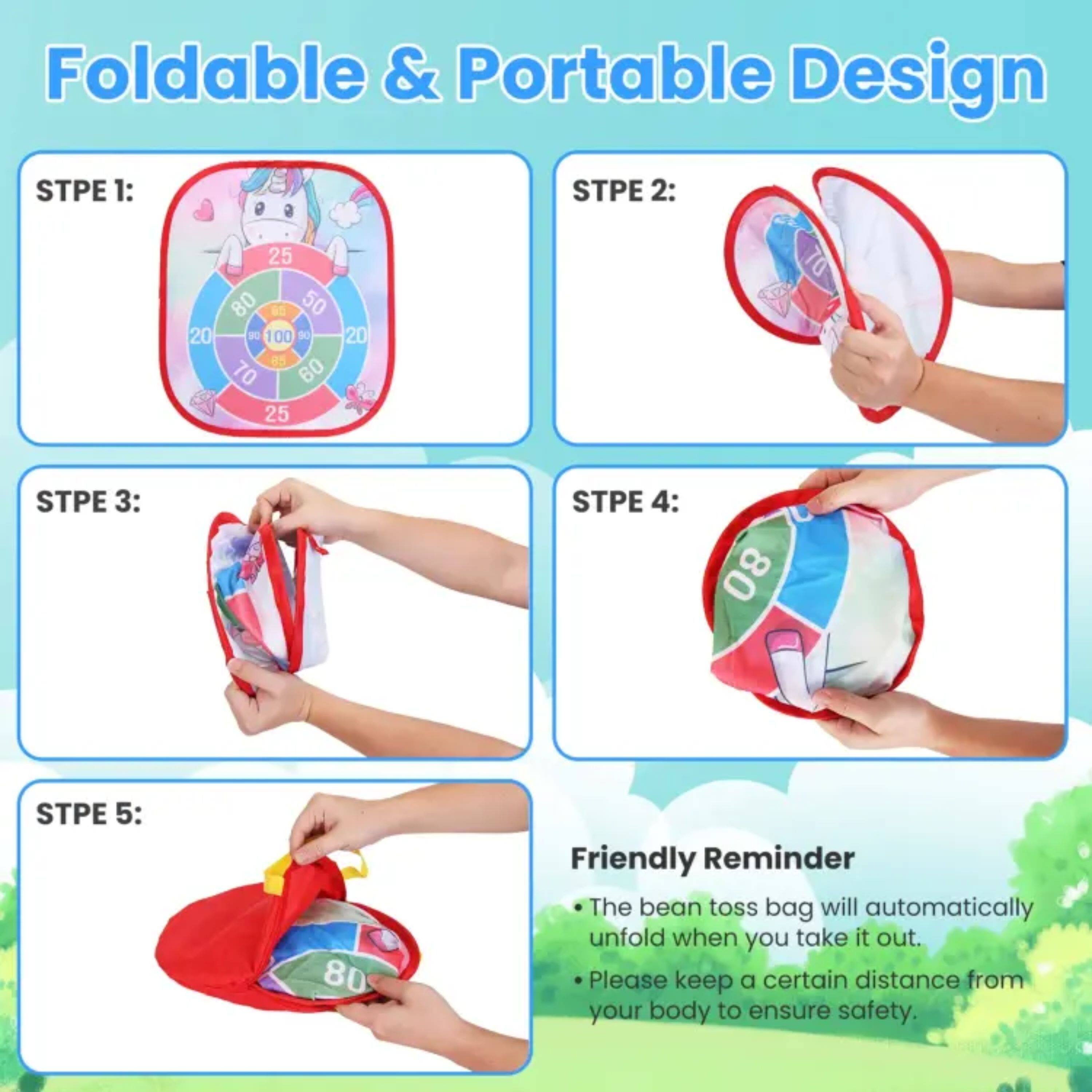 Foldable & Portable Design

STPE 1:  
STPE 2:  
STPE 3:  
STPE 4:  
STPE 5:  

Friendly Reminder  
The bean toss bag will automatically unfold when you take it out.  
Please keep a certain distance from your body to ensure safety.