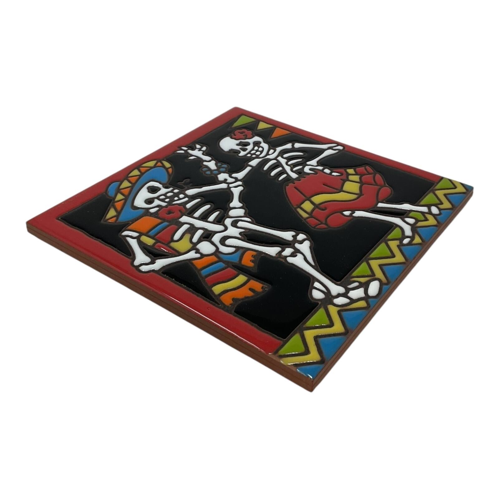 Left. Earthtones Tile - Earthtones Day of the Dead Dancers 6X6 Hand Glazed Decorative Tile or Trivet - Multicolor.