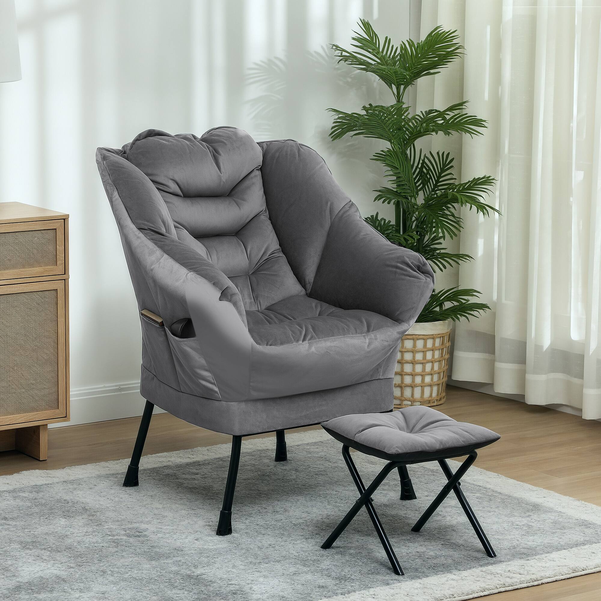 Alt View 1. Homcom - Modern Recliner Chair with Ottoman - Fabric Lounge Armchair, Leisure Sofa & Footstool Set for Living Room​ - Gray.