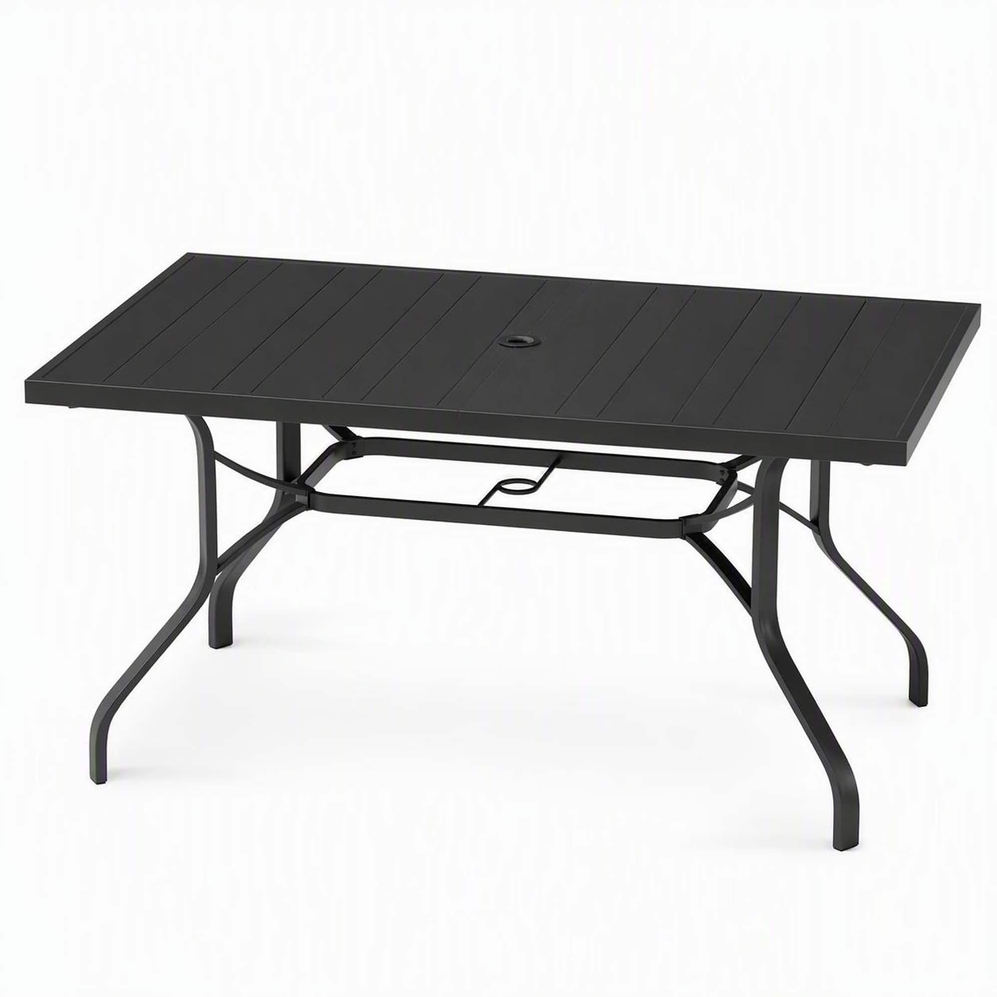 RYHNUYNE - 60" Rectangle Outdoor Patio Dining Table,Metal Outdoor Table With Umbrella Hole for Garden Backyard Poolside - Black