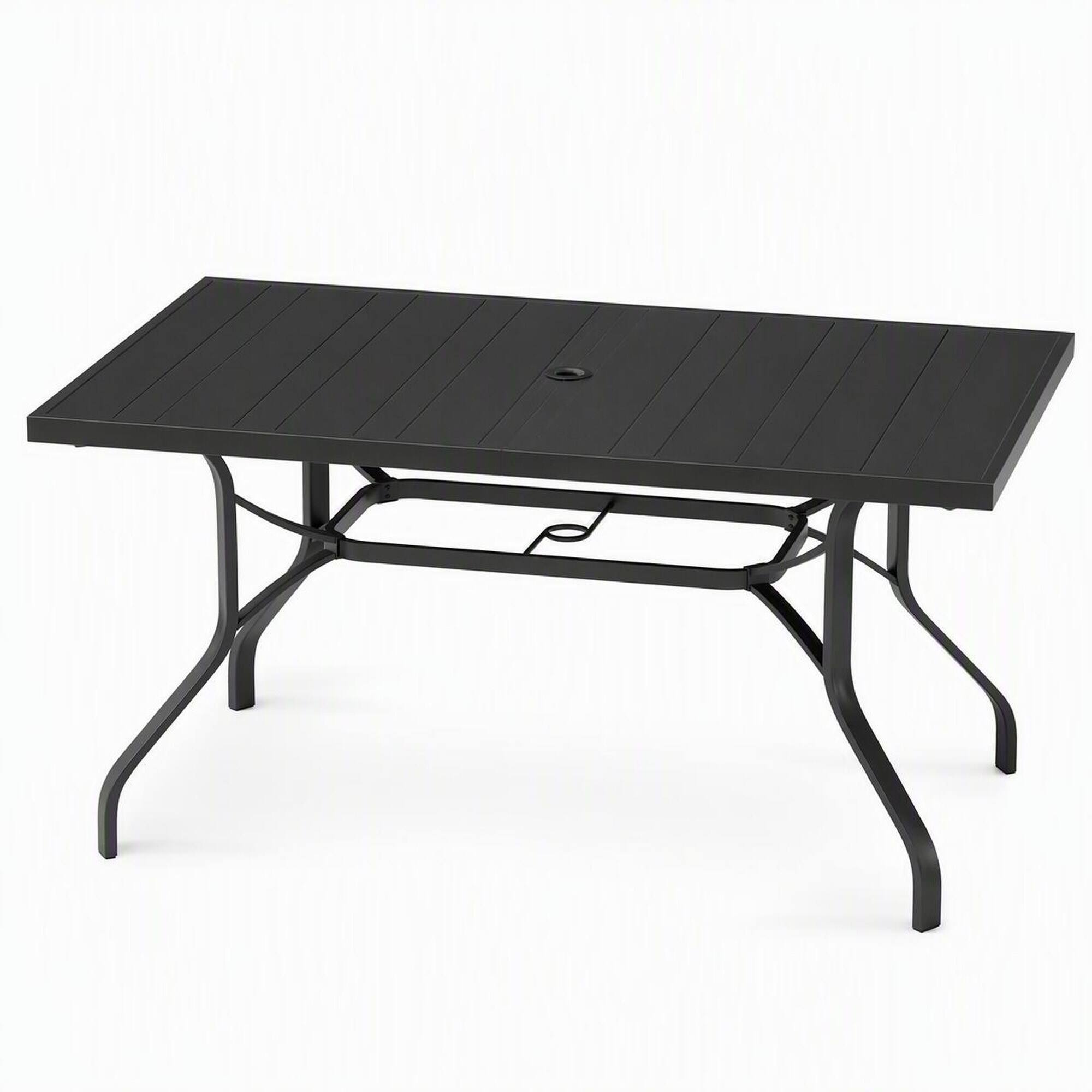 Front. RYHNUYNE - 60" Rectangle Outdoor Patio Dining Table,Metal Outdoor Table With Umbrella Hole for Garden Backyard Poolside - Black.