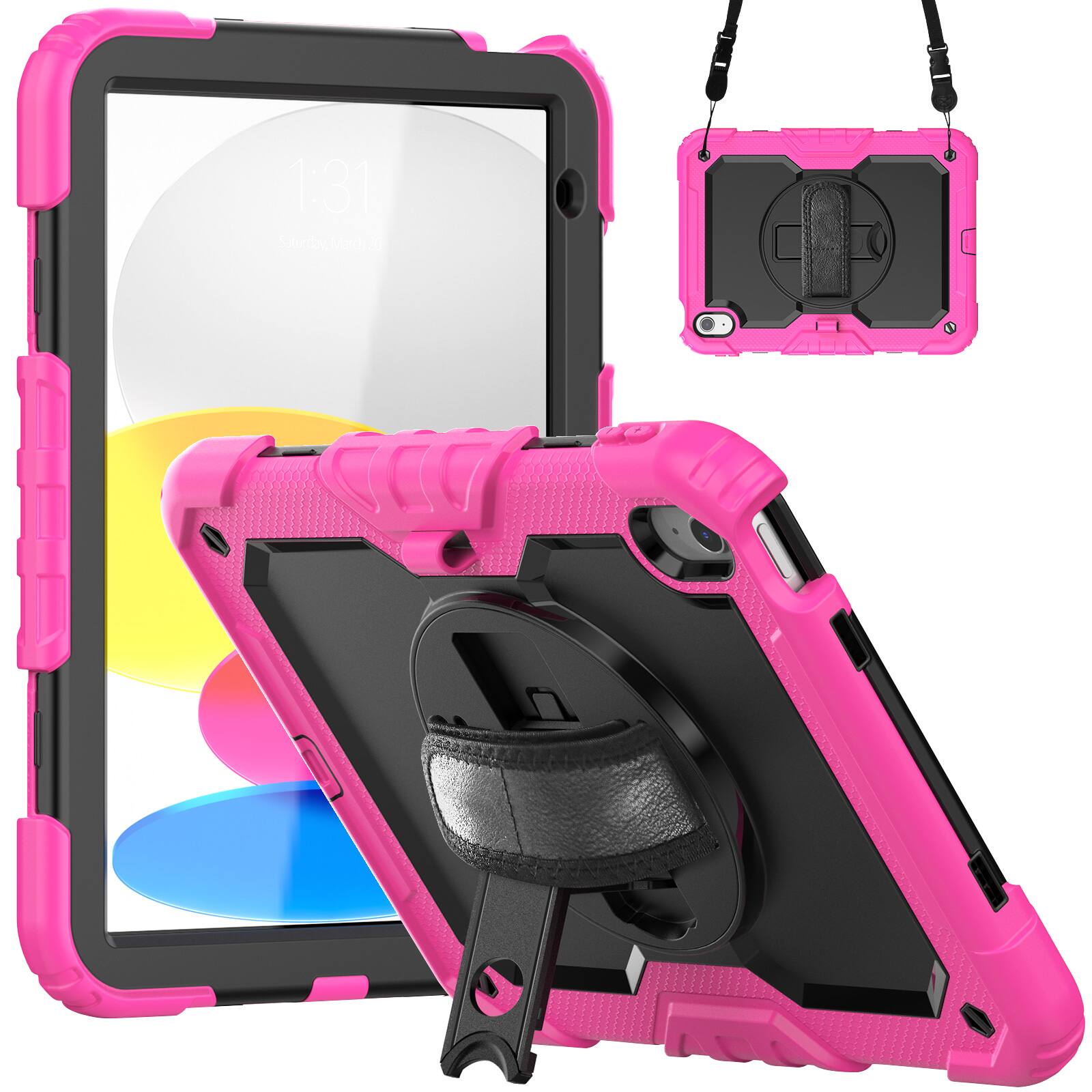 Angle. Dteck - For Apple iPad 11"(A16 chip 2025)&iPad 10th 2022 Three-Layer Kickstand Shoulder Strap Case Built-in Screen Protector - Rose.