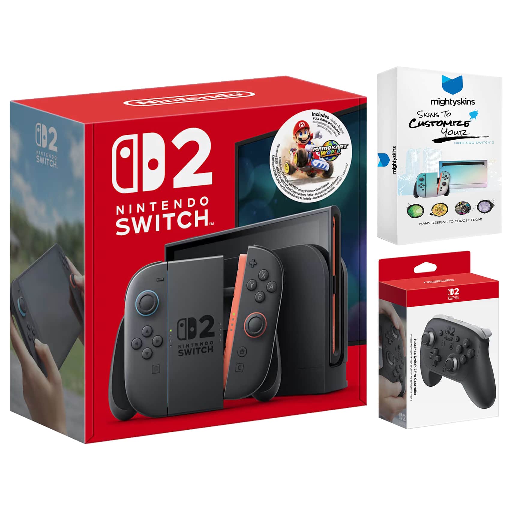 Switch 2 Mario Kart World Bundle with Pro Controller and MightySkins Code - Nintendo Switch 2