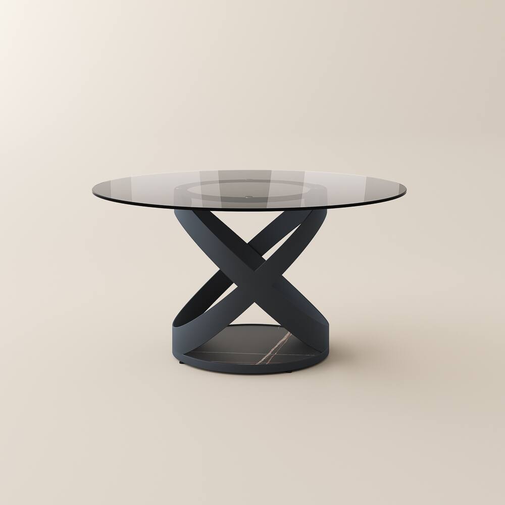Alt View 7. POVISON - 51" Modern Gray Glass Round Dining Table for 4, Smoked Gray Tempered Glass Tabletop with Black X Carbon Steel Base - Smoked Gray Tempered Glass with Black.